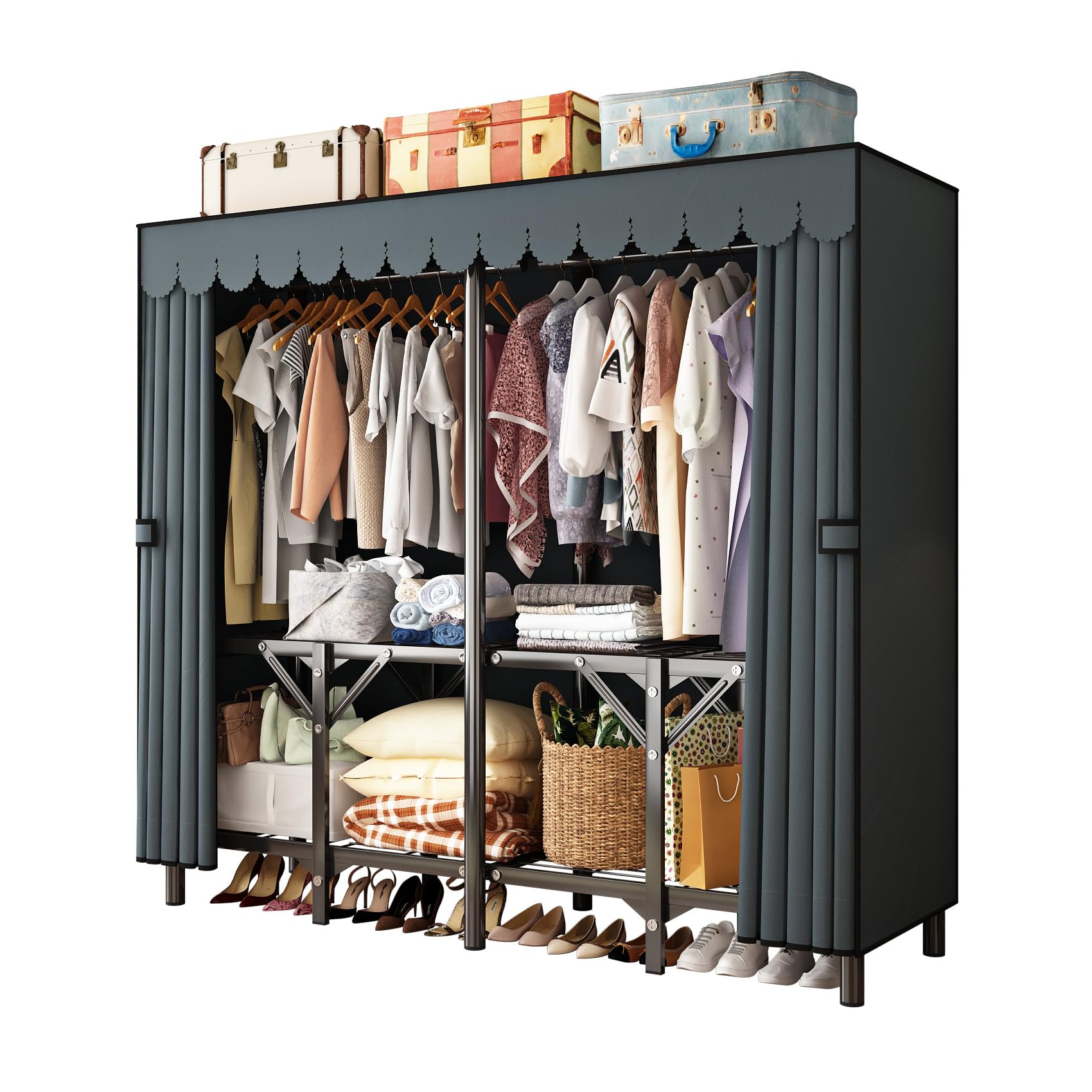 Gray Large Portable Armoire Wardrobe Closet with Foldable Clothing Wardrobe 25MM Steel Pipe Metal Frame Clothes Rack,One Piece Folding Design