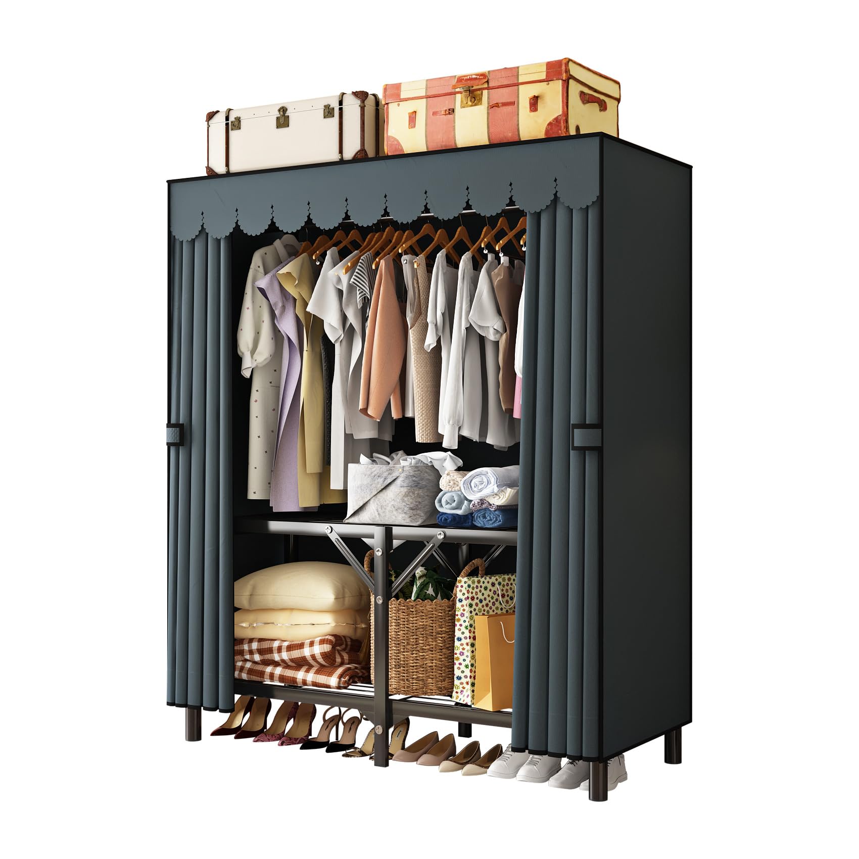 Gray Large Portable Armoire Wardrobe Closet with Foldable Clothing Wardrobe 25MM Steel Pipe Metal Frame Clothes Rack,One Piece Folding Design