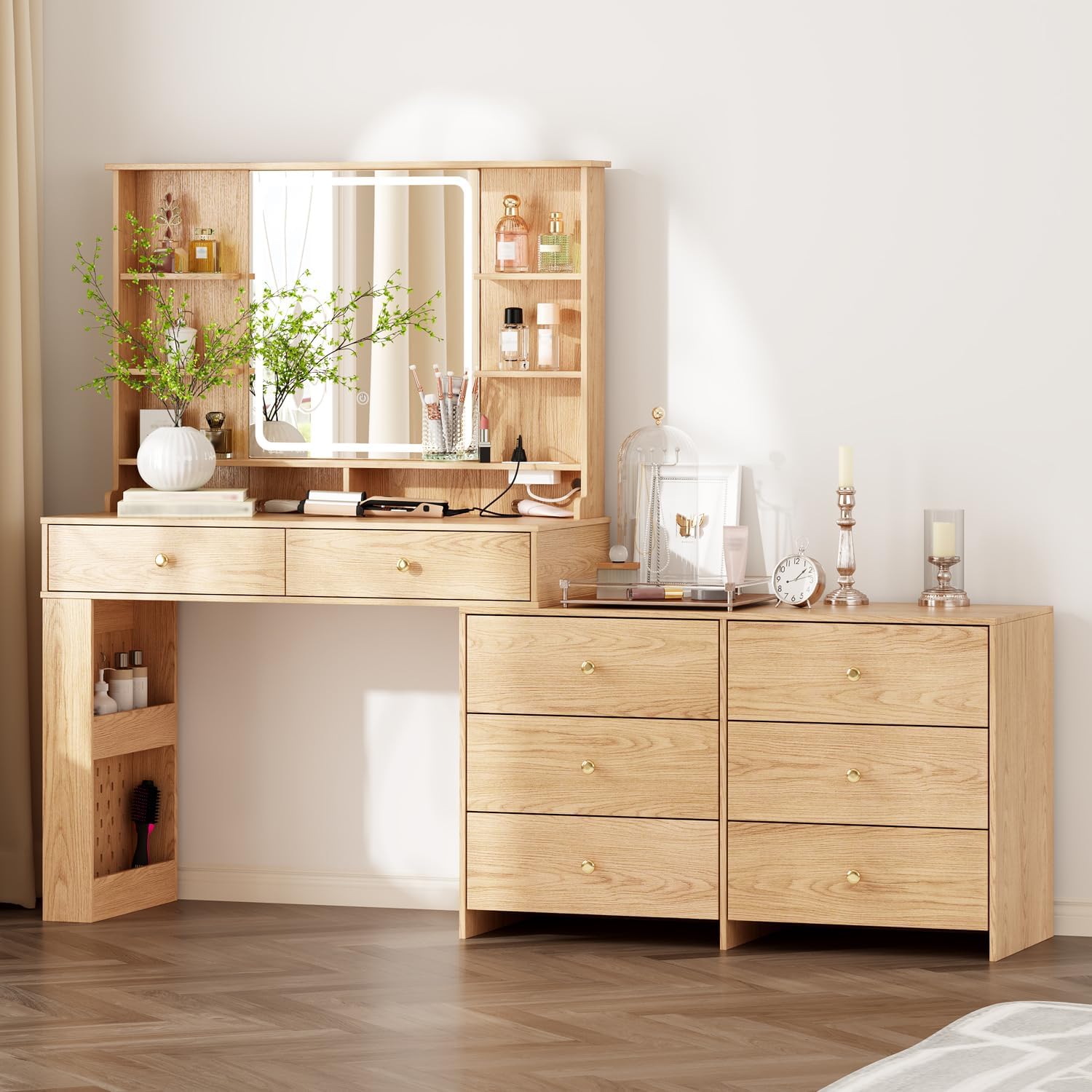Ieejdn Makeup Vanity Desk with Mirror and Lights, Vanity Desk with 8 Drawers & Storage Shelves, Vanity Table with Power Outlet, 3 Color Modes & Adjustable Brightness Dressing Table, Bedroom,Oak2