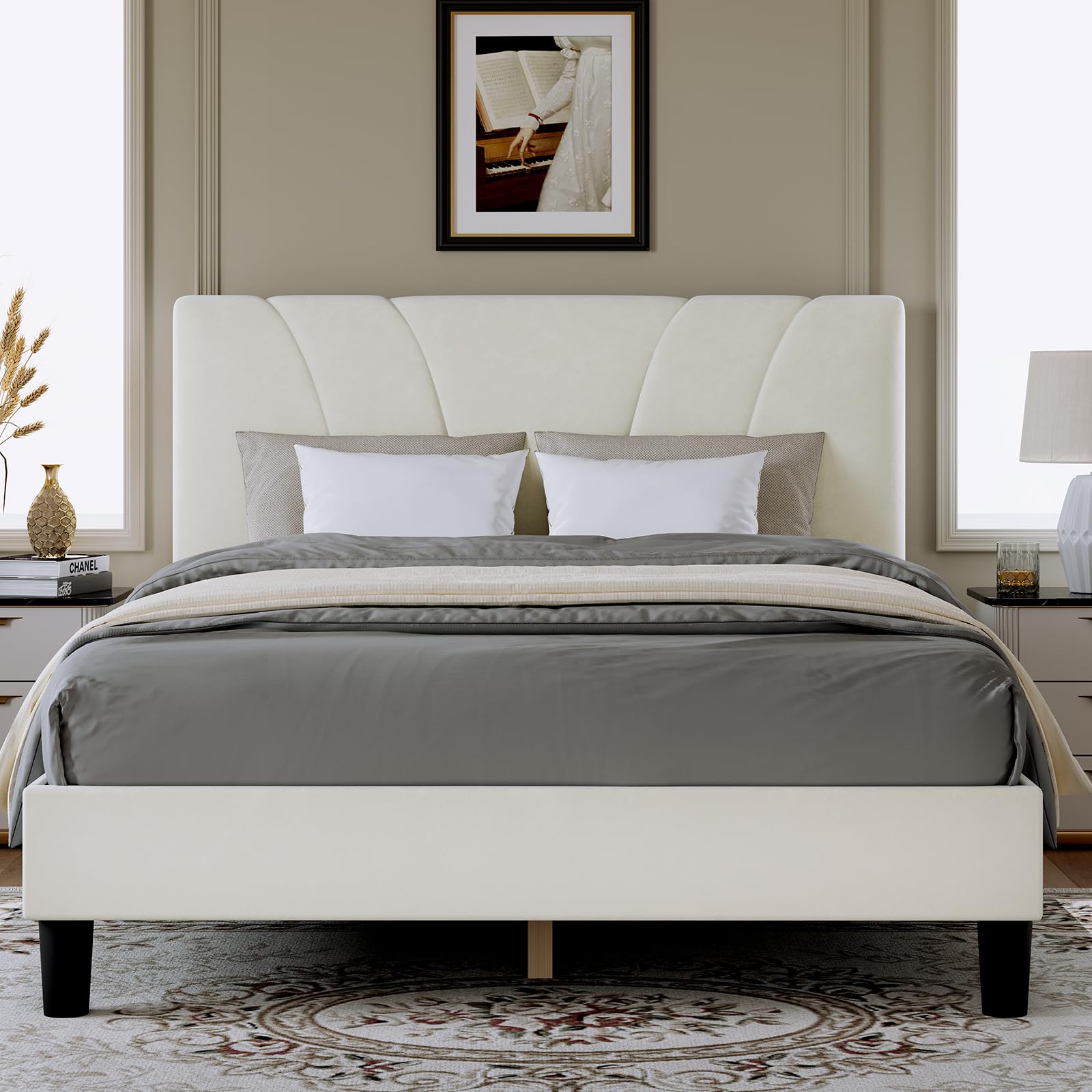 Novilla Queen Bed Frame with Headboard, Bed Frame Queen Size with Wood Slats Support,Linen Upholstered Adjustable Headboard, No Box Spring Needed, Heavy Duty Feet, Easy Assembly, Beige