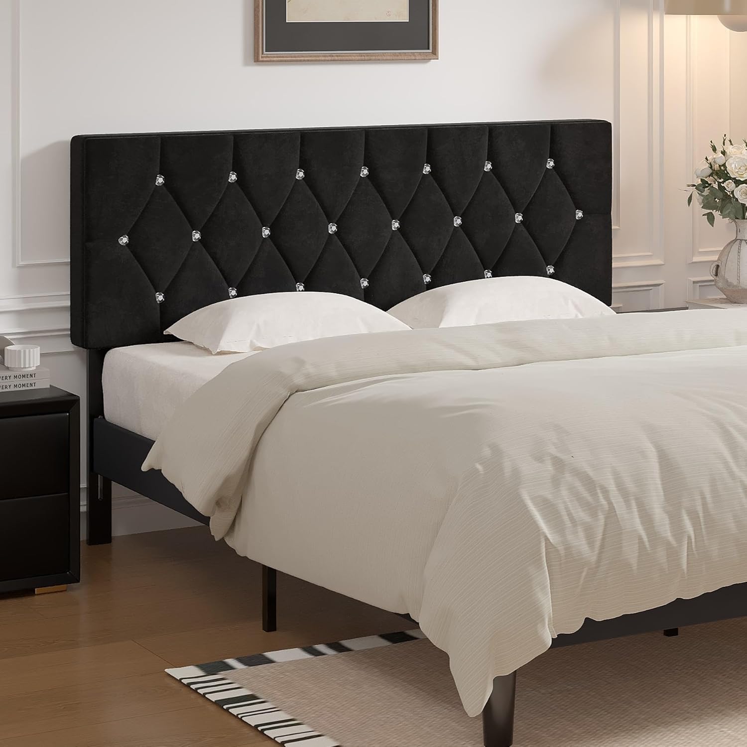 VECELO Tufted Upholstered Headboard Queen Size, with 6 Adjustable Height from 39.8" to 49.8", Button Diamond Design, Easy Assembly, Classic Black