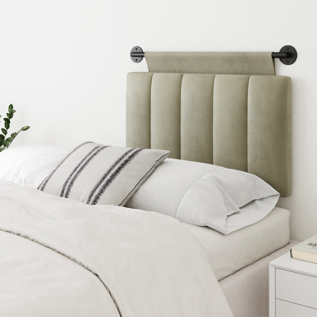 Nathan James Charlie Wall Mount Hanging Upholstered Headboard, Queen, White Boucle with Brown Faux Leather Straps