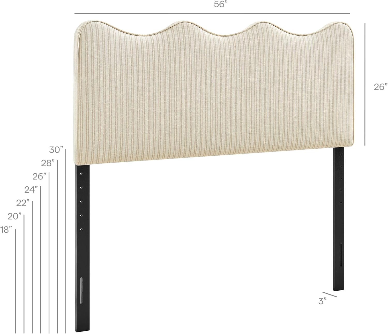 Monday Athena Striped Fabric Upholstered Full Size Adjustable Headboard in Oatmeal Stripe - with Scalloped Wave Design and Soft Linen-Like Fabric