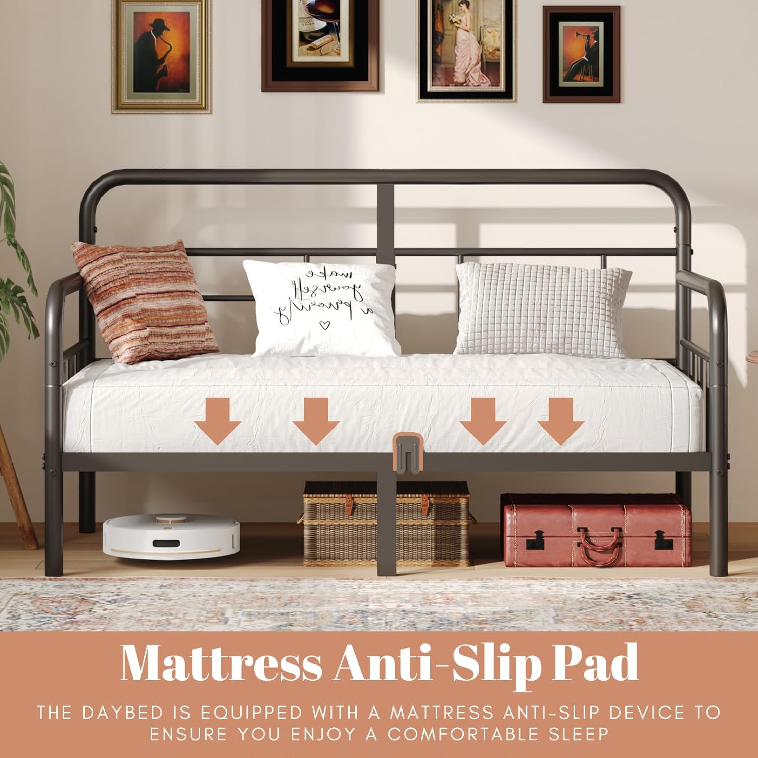 Yumenonaka Twin Daybed,Metal Sofa Day Bed Frame,Steel Slats Support for Bedroom Guest Room,Easy Assembly,Sturdy,Anti-Slip,Storage Space Bed Furniture,with Modern Headboard,Black