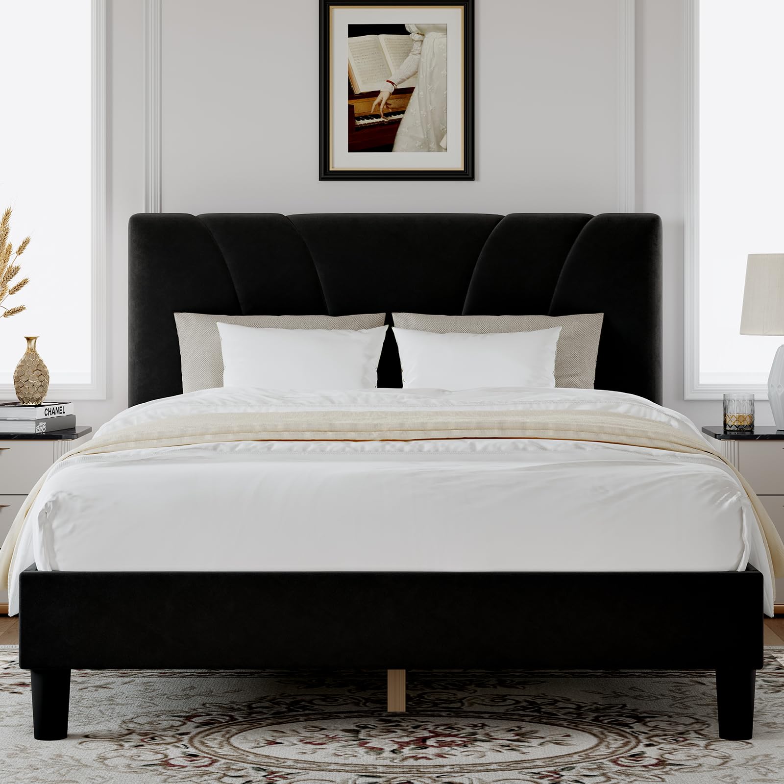 Novilla Queen Bed Frame with Headboard, Bed Frame Queen Size with Wood Slats Support,Linen Upholstered Adjustable Headboard, No Box Spring Needed, Heavy Duty Feet, Easy Assembly, Beige