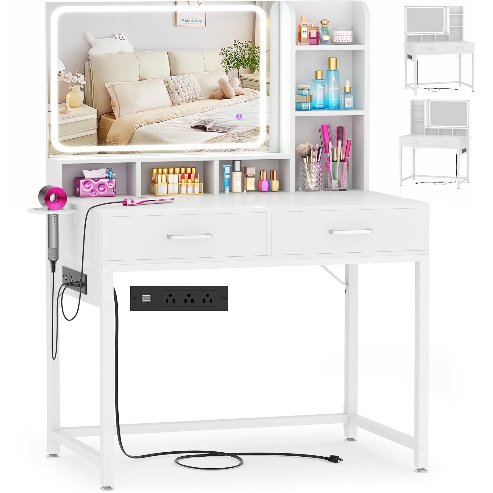 Cyclysio Vanity Desk with Mirror and Lights, 36'' Makeup Vanity Desk with Power Outlet, Small Vanities Set Dressing Table with Drawers for Bedroom, White