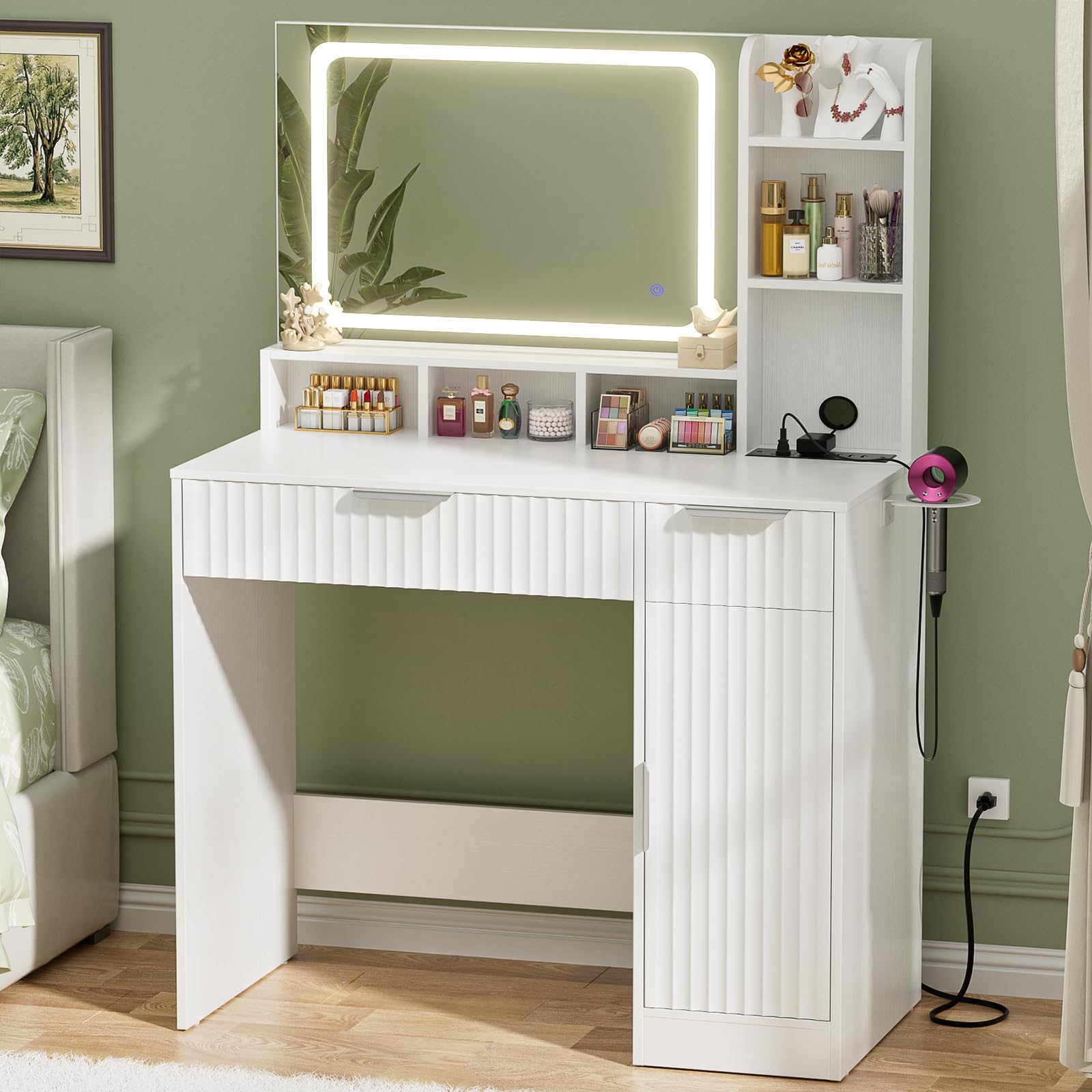 Cyclysio Vanity Desk with Mirror and Lights, 36'' Makeup Vanity Desk with Power Outlet, Small Vanities Set Dressing Table with Drawers for Bedroom, White