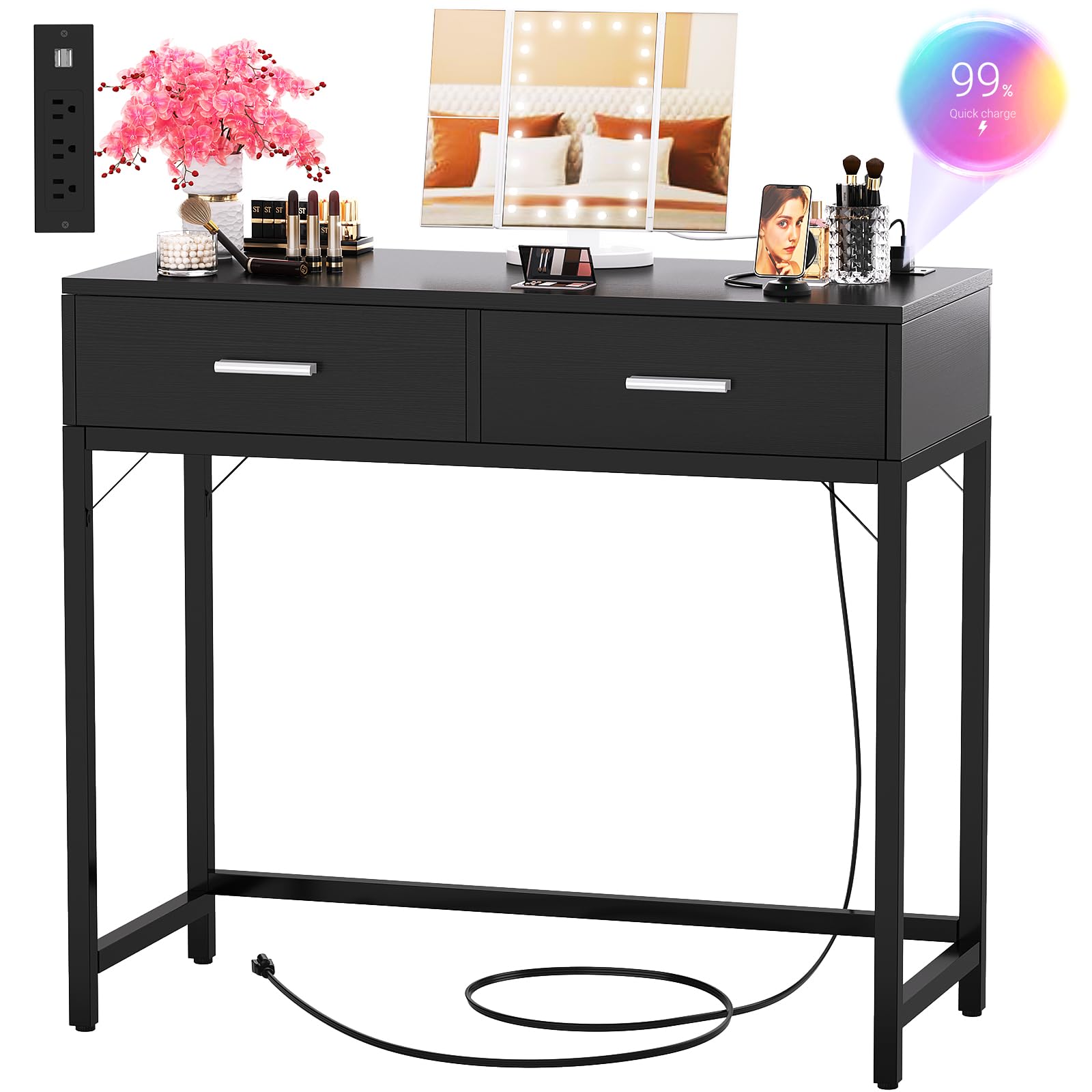Cyclysio Vanity Desk with Mirror and Lights, 36'' Makeup Vanity Desk with Power Outlet, Small Vanities Set Dressing Table with Drawers for Bedroom, White
