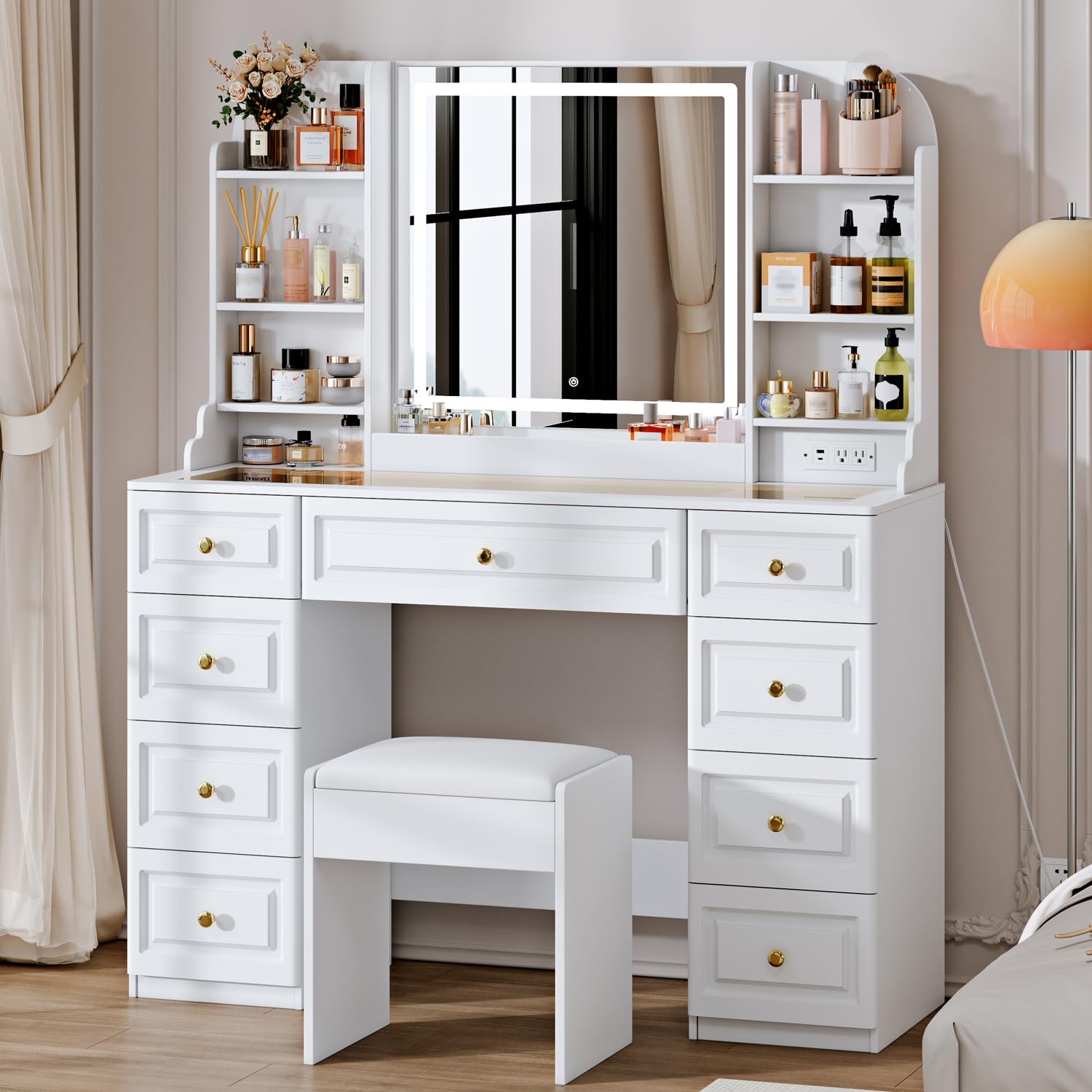 Arulvmrn 43" Makeup Vanity Desk with Mirror and Lights, & Power Outl, Glass Top Big Vanity Table with 9 Drawers& 8 Storage Shelves, Dressing Table Set with Chair for Bedroom, Oak
