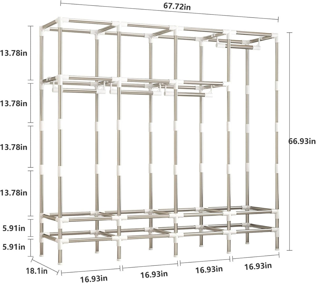 Large Portable Wardrobe with 4 Hanging Rods and Drawers, Armoire, Metal Storage Wardrobe Hangers, Upgraded Grey Non-Woven Dust Cover for Handing Closet,Large Closets for Bedroom