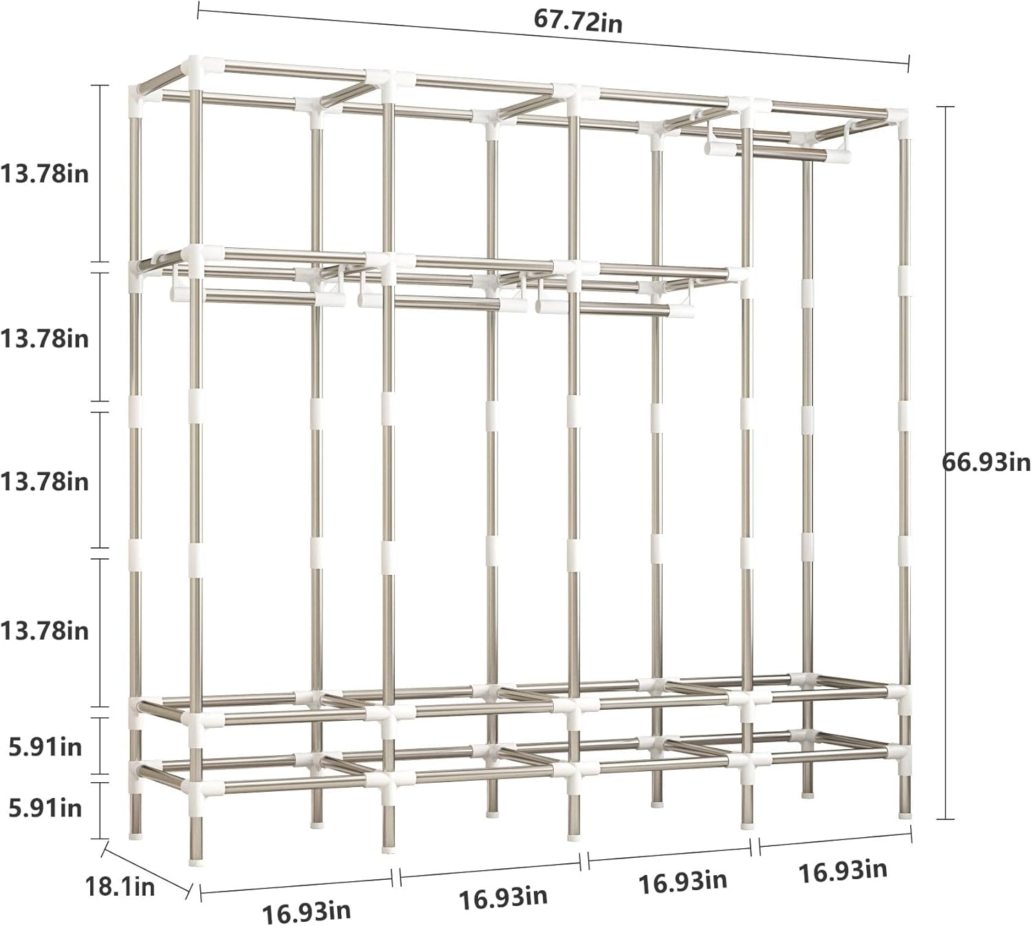 Large Portable Wardrobe with 4 Hanging Rods and Drawers, Armoire, Metal Storage Wardrobe Hangers, Upgraded Grey Non-Woven Dust Cover for Handing Closet,Large Closets for Bedroom