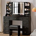 Arulvmrn 43" Makeup Vanity Desk with Mirror and Lights, & Power Outl, Glass Top Big Vanity Table with 9 Drawers& 8 Storage Shelves, Dressing Table Set with Chair for Bedroom, Oak