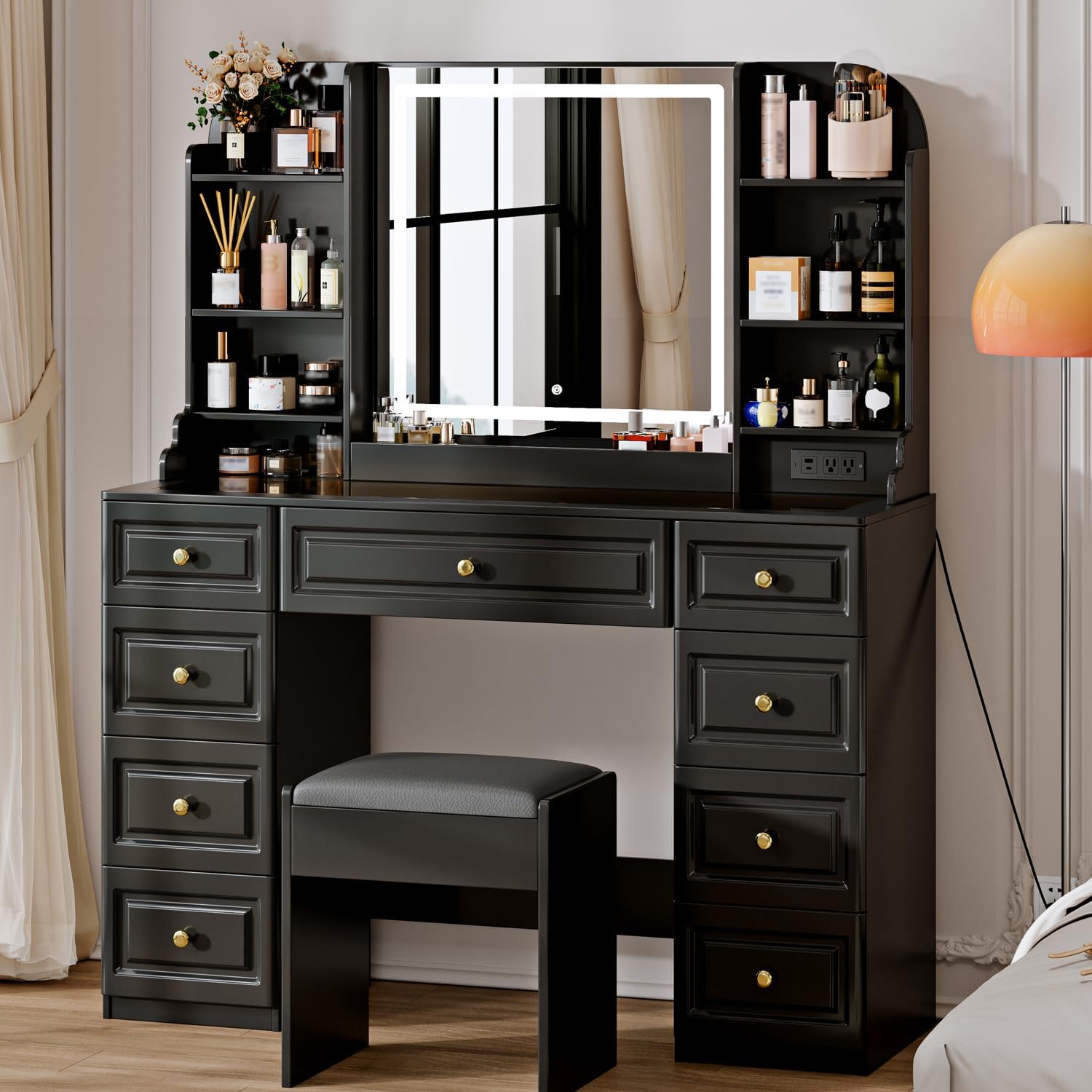 Arulvmrn 43" Makeup Vanity Desk with Mirror and Lights, & Power Outl, Glass Top Big Vanity Table with 9 Drawers& 8 Storage Shelves, Dressing Table Set with Chair for Bedroom, Oak