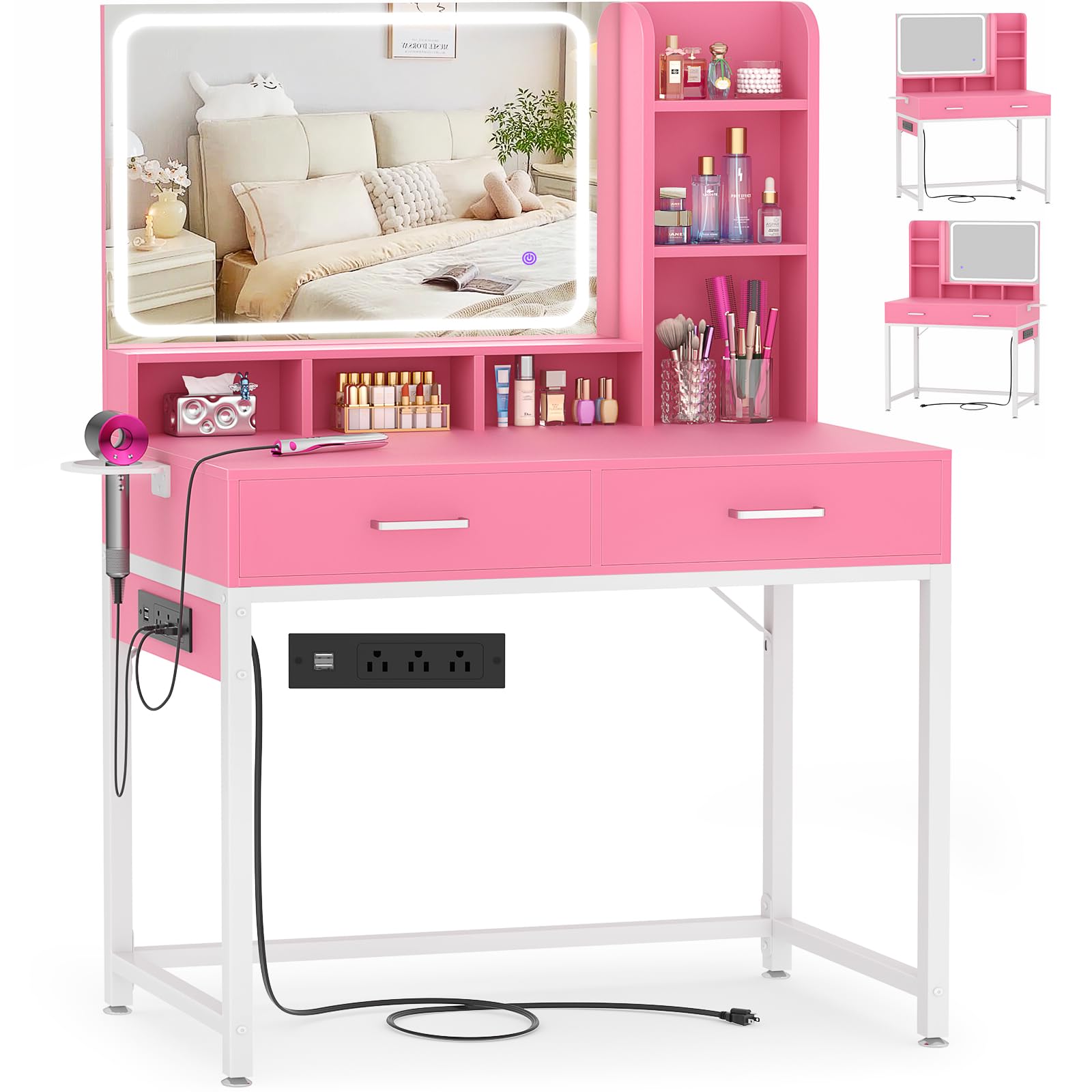 Cyclysio Vanity Desk with Mirror and Lights, 36'' Makeup Vanity Desk with Power Outlet, Small Vanities Set Dressing Table with Drawers for Bedroom, White