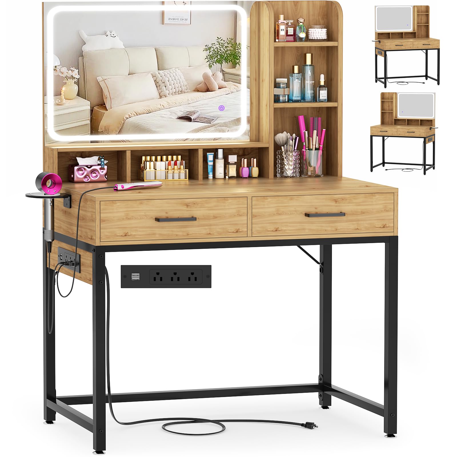 Cyclysio Vanity Desk with Mirror and Lights, 36'' Makeup Vanity Desk with Power Outlet, Small Vanities Set Dressing Table with Drawers for Bedroom, White