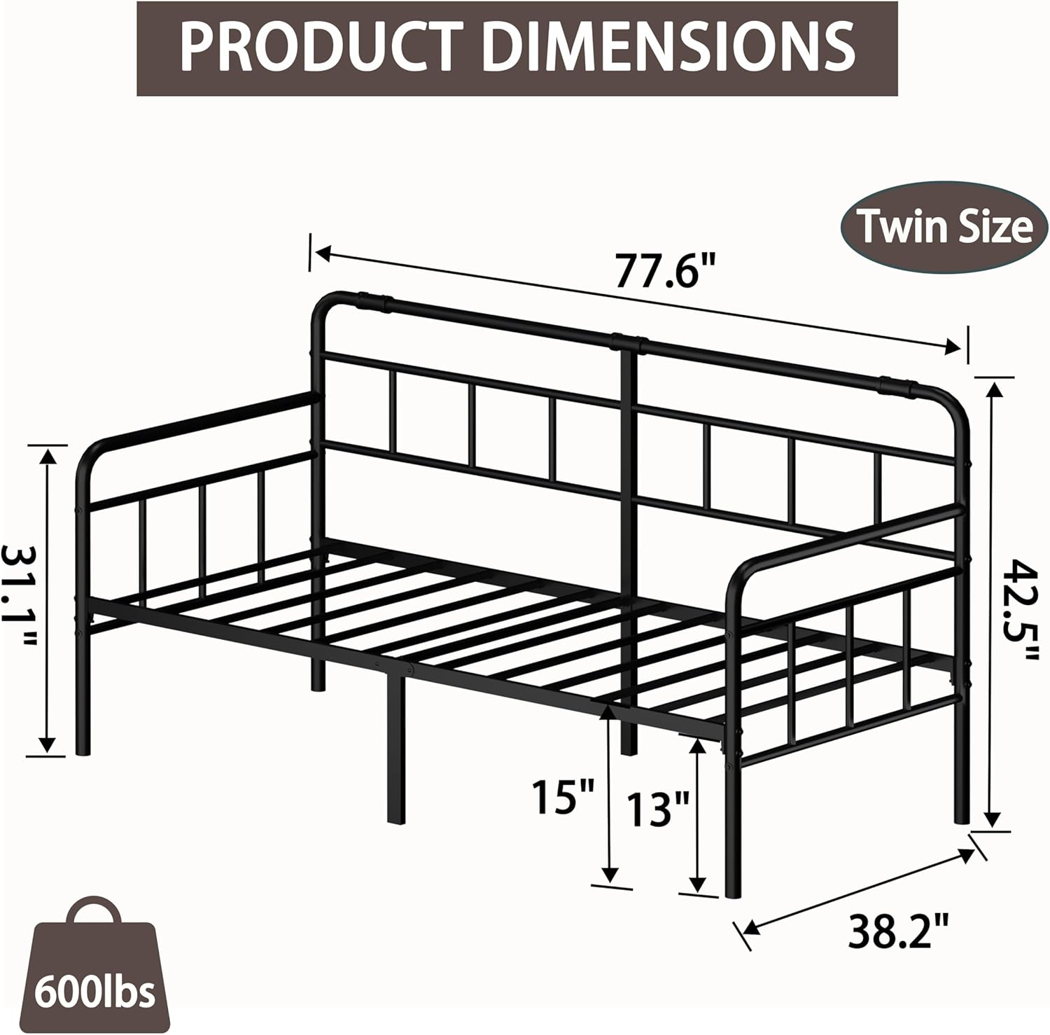 Daybed-Metal-Twin-Bed-Frames - with Modern Headboard,Strong Mattress Foundation with Steel Slats Support,No Box Spring Needed,Black