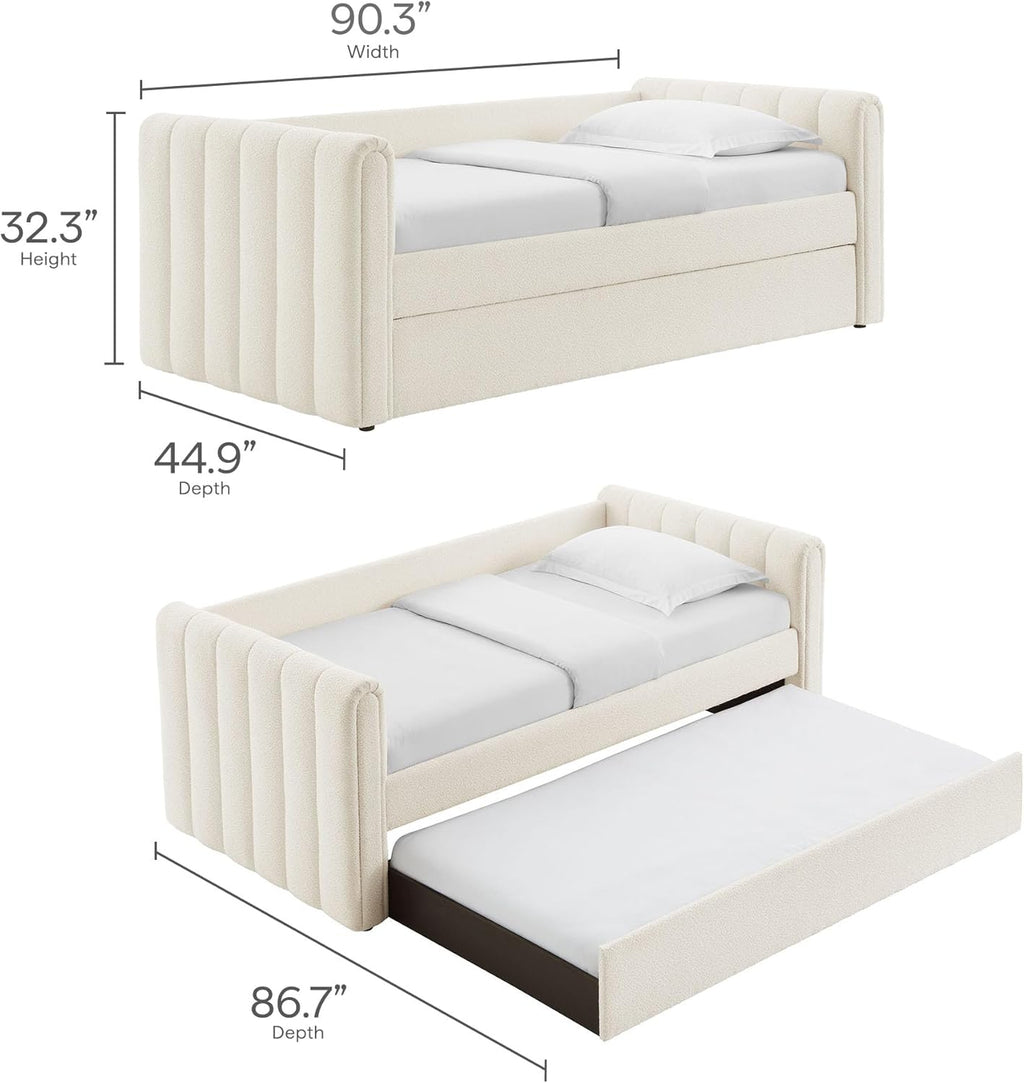 Veyla Twin Size Boucle Fabric Daybed in Cloud with Trundle – Channel Tufted Upholstered Sofa Bed with Wood Slat Support