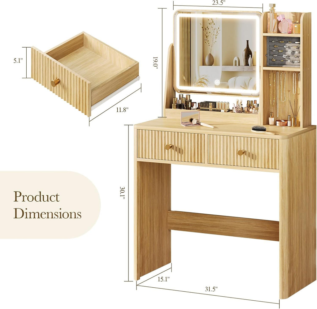 Memobarco Fluted Vanity Desk with Mirror and Lights, Small Makeup Vanity with 2 Drawers and Jewelry Storage Cabinet, 3 Lighting Modes Adjustable Brightness, Dressing Table for Bedroom - Natural Oak