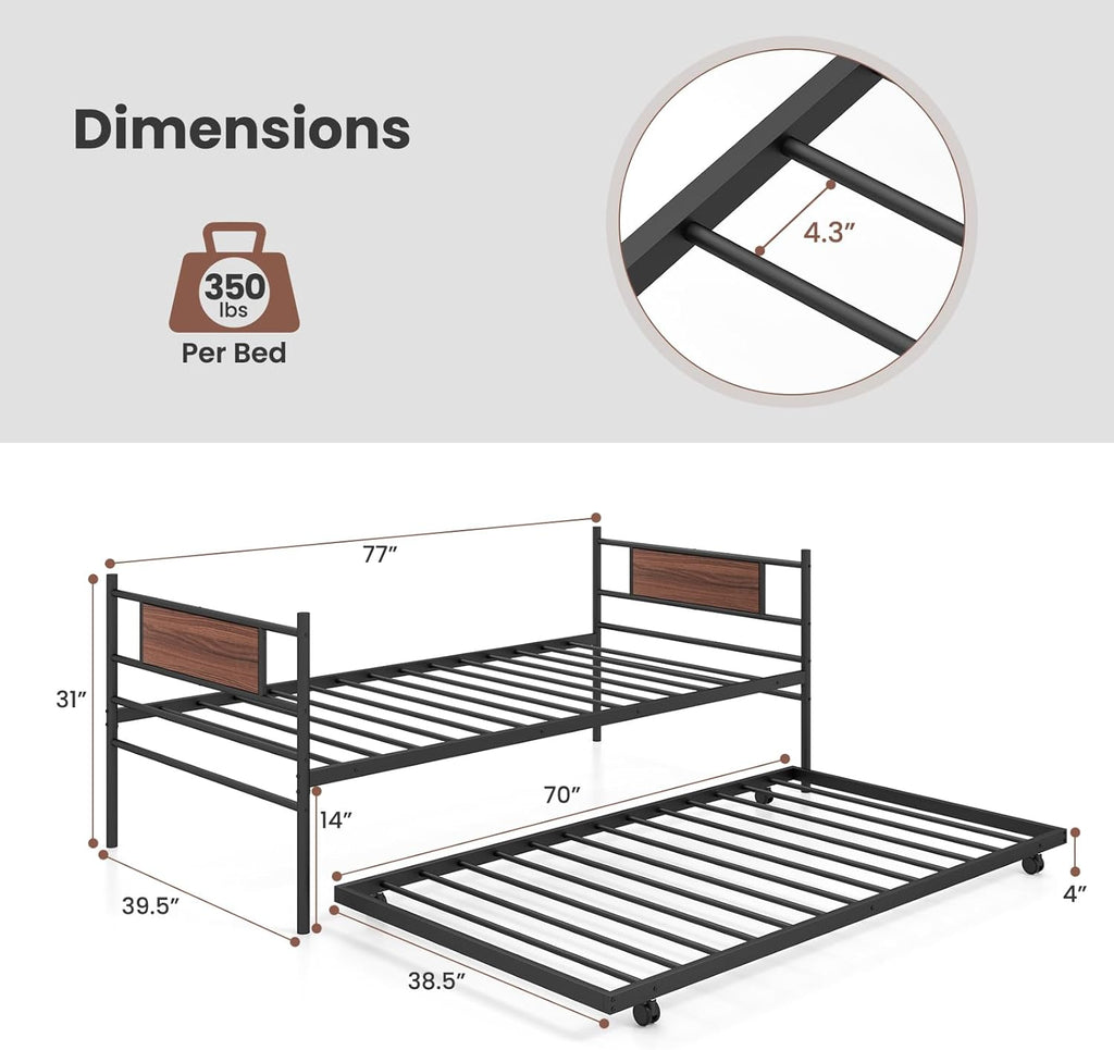 KOMFOTT Twin Metal Daybed with Trundle, Twin Size Sofa Daybed Frame, Heavy-Duty Steel Slats Support Platform Bed, Mattress Foundation, Day Bed with Trundle for Living Room, Guest Room