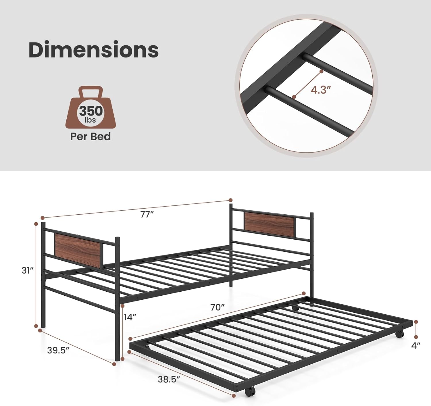 KOMFOTT Twin Metal Daybed with Trundle, Twin Size Sofa Daybed Frame, Heavy-Duty Steel Slats Support Platform Bed, Mattress Foundation, Day Bed with Trundle for Living Room, Guest Room
