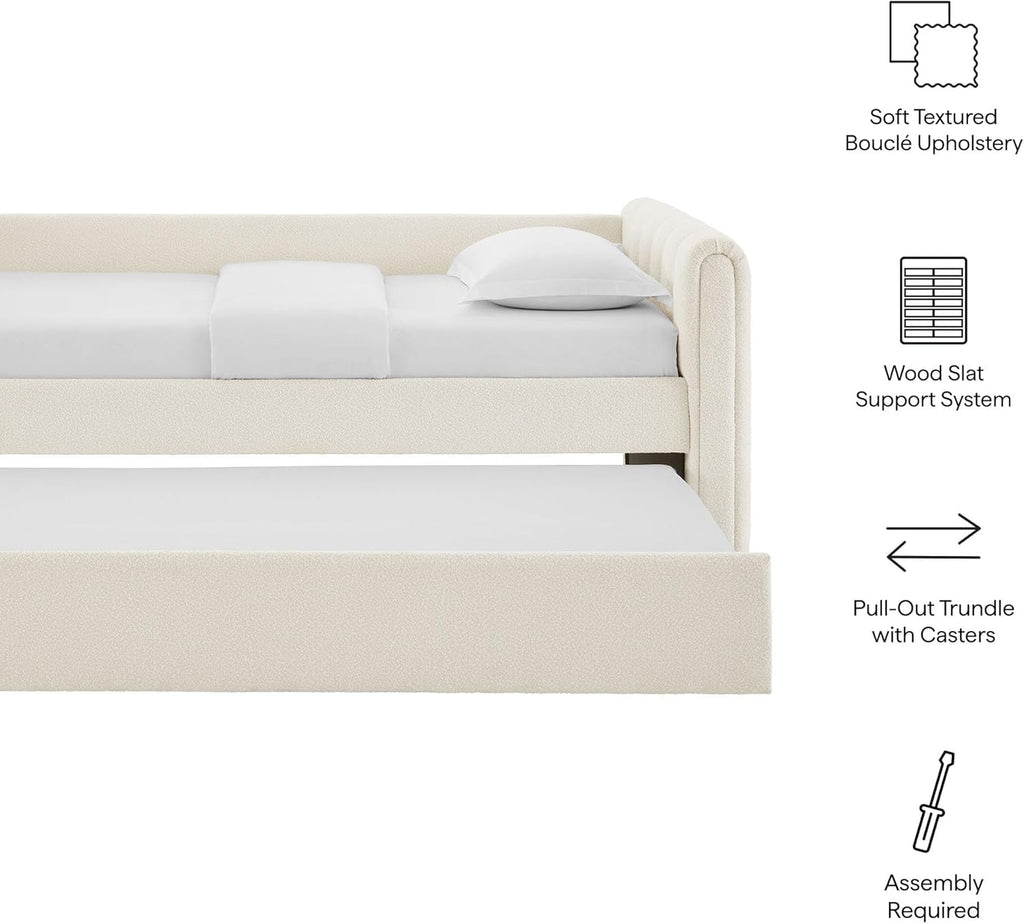 Veyla Twin Size Boucle Fabric Daybed in Cloud with Trundle – Channel Tufted Upholstered Sofa Bed with Wood Slat Support