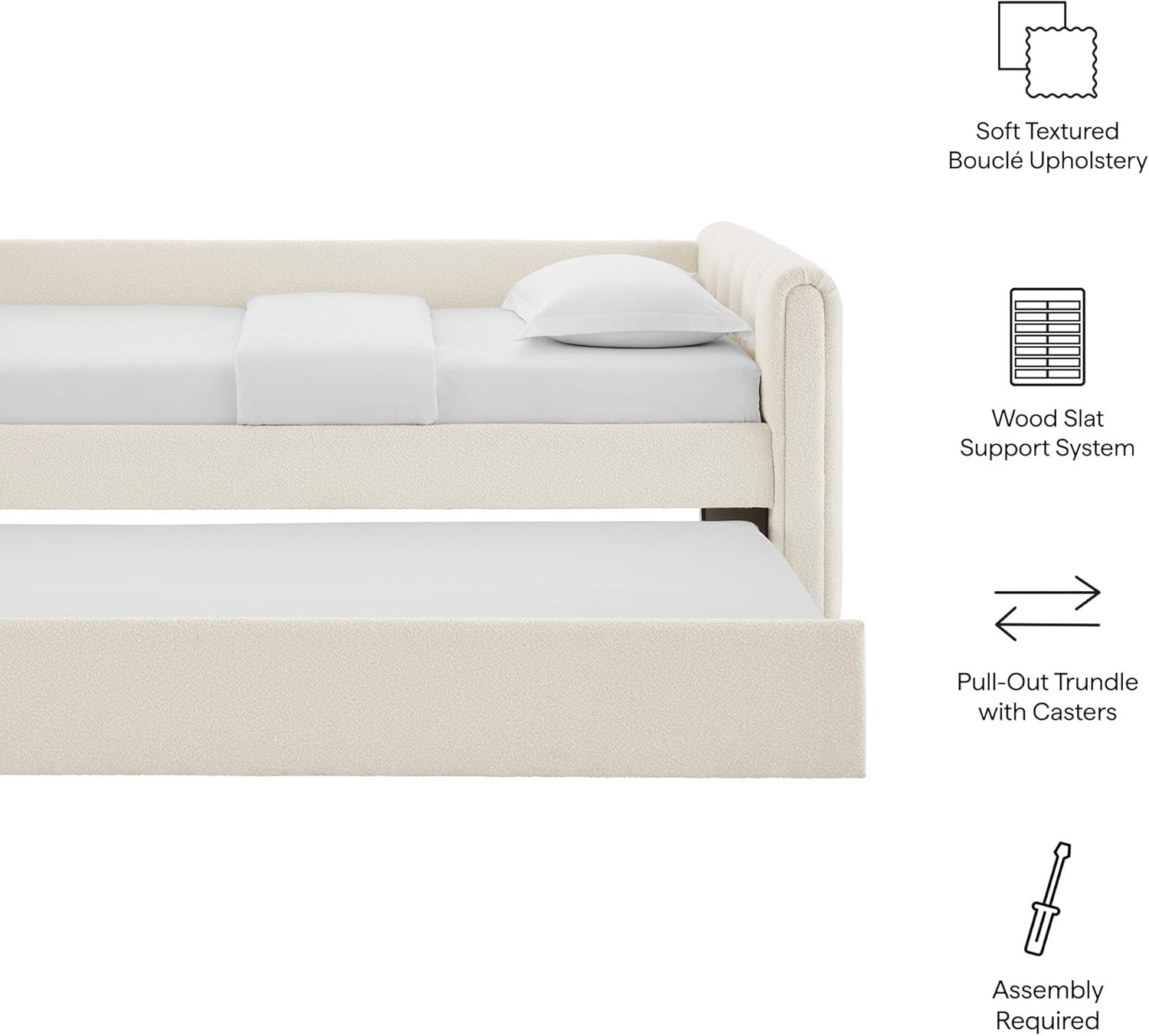 Veyla Twin Size Boucle Fabric Daybed in Cloud with Trundle – Channel Tufted Upholstered Sofa Bed with Wood Slat Support