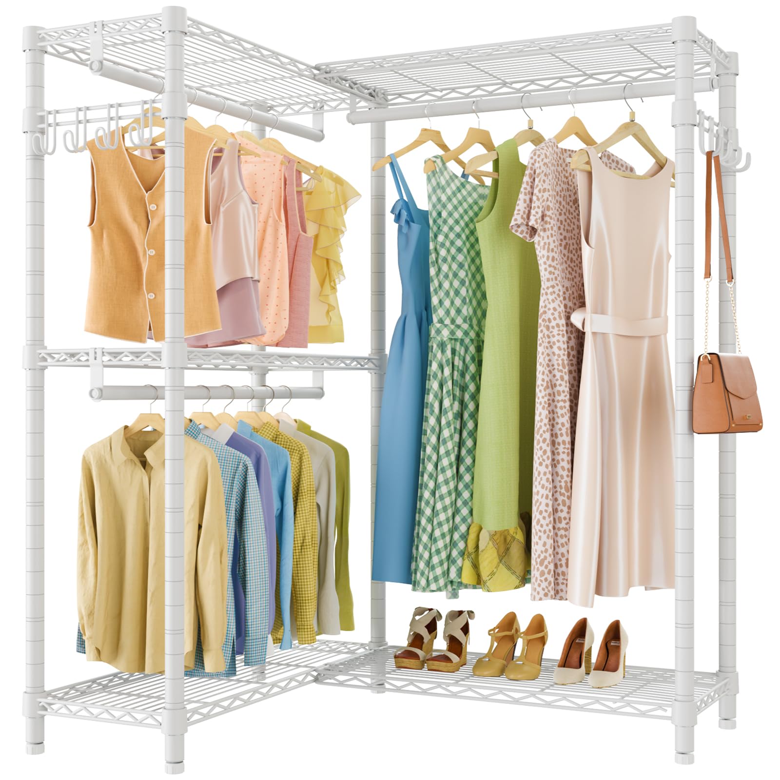 VIPEK L4 Garment Rack L Shaped Clothes Rack for Corner, Freestanding Portable Wardrobe Closet Heavy Duty Clothing Rack with 3 Hanging Rods & 2 Side Hooks, 43.3"Lx29.1"Wx76.4"H, Max Load 810LBS, Black