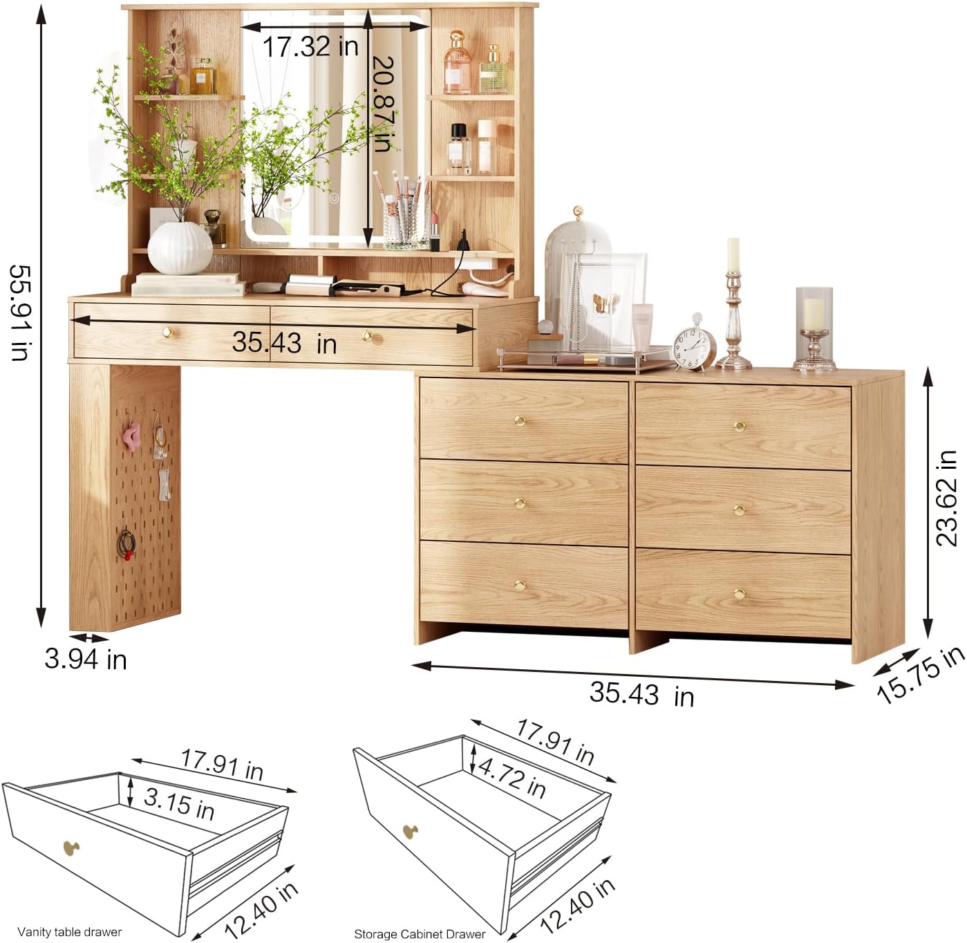 Ieejdn Makeup Vanity Desk with Mirror and Lights, Vanity Desk with 8 Drawers & Storage Shelves, Vanity Table with Power Outlet, 3 Color Modes & Adjustable Brightness Dressing Table, Bedroom,Oak2