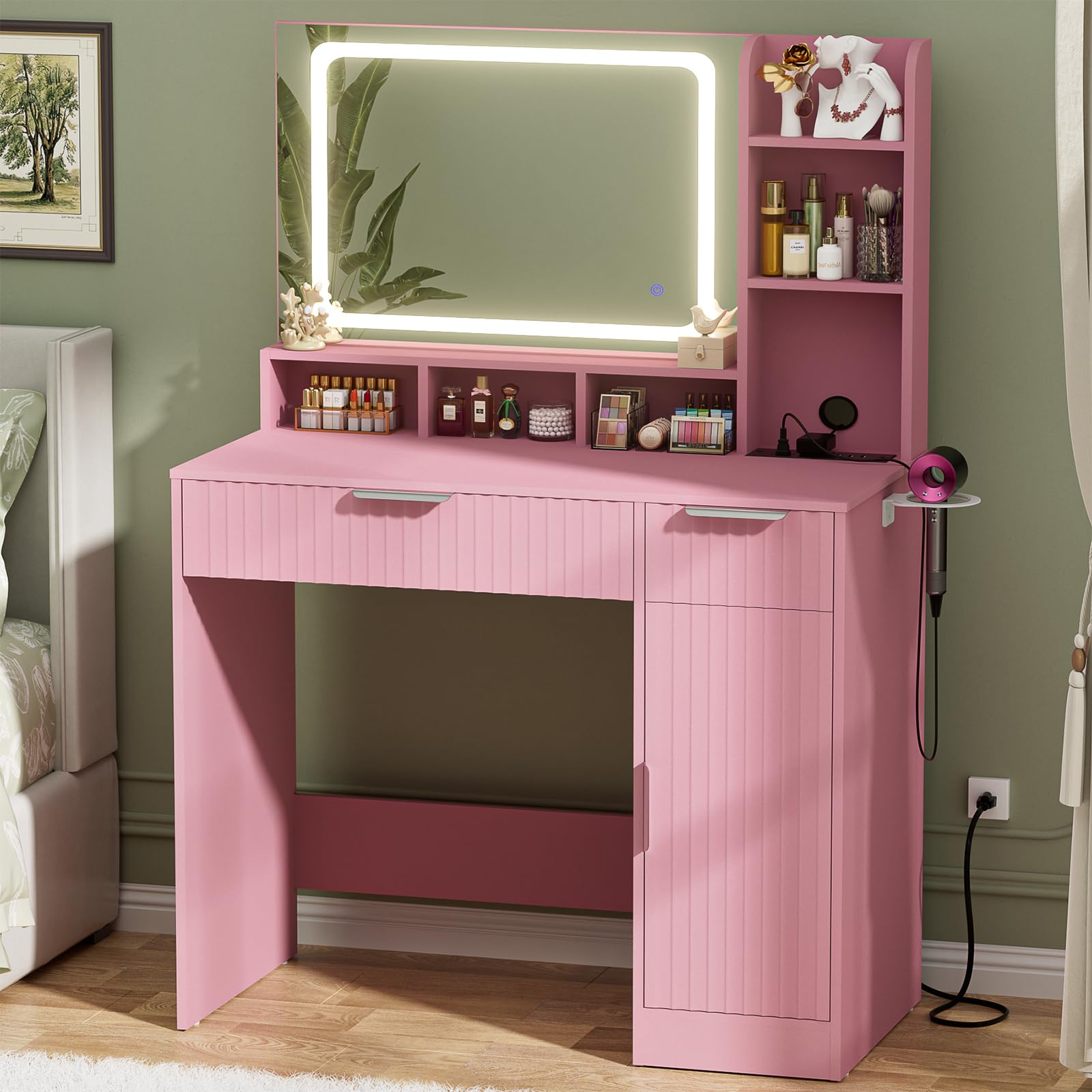 Cyclysio Vanity Desk with Mirror and Lights, 36'' Makeup Vanity Desk with Power Outlet, Small Vanities Set Dressing Table with Drawers for Bedroom, White