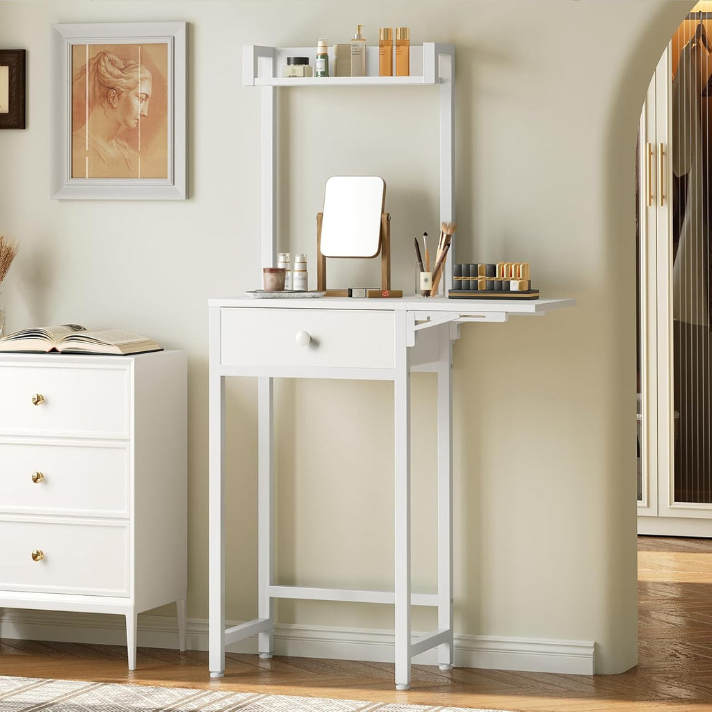 YATINEY Small Vanity Desk Without Mirror, Makeup Vanity Table for Small Space, Compact White Dressing Table with Fold-up Panel and Fabric Drawer, for Bedroom, Easy Assembly, White