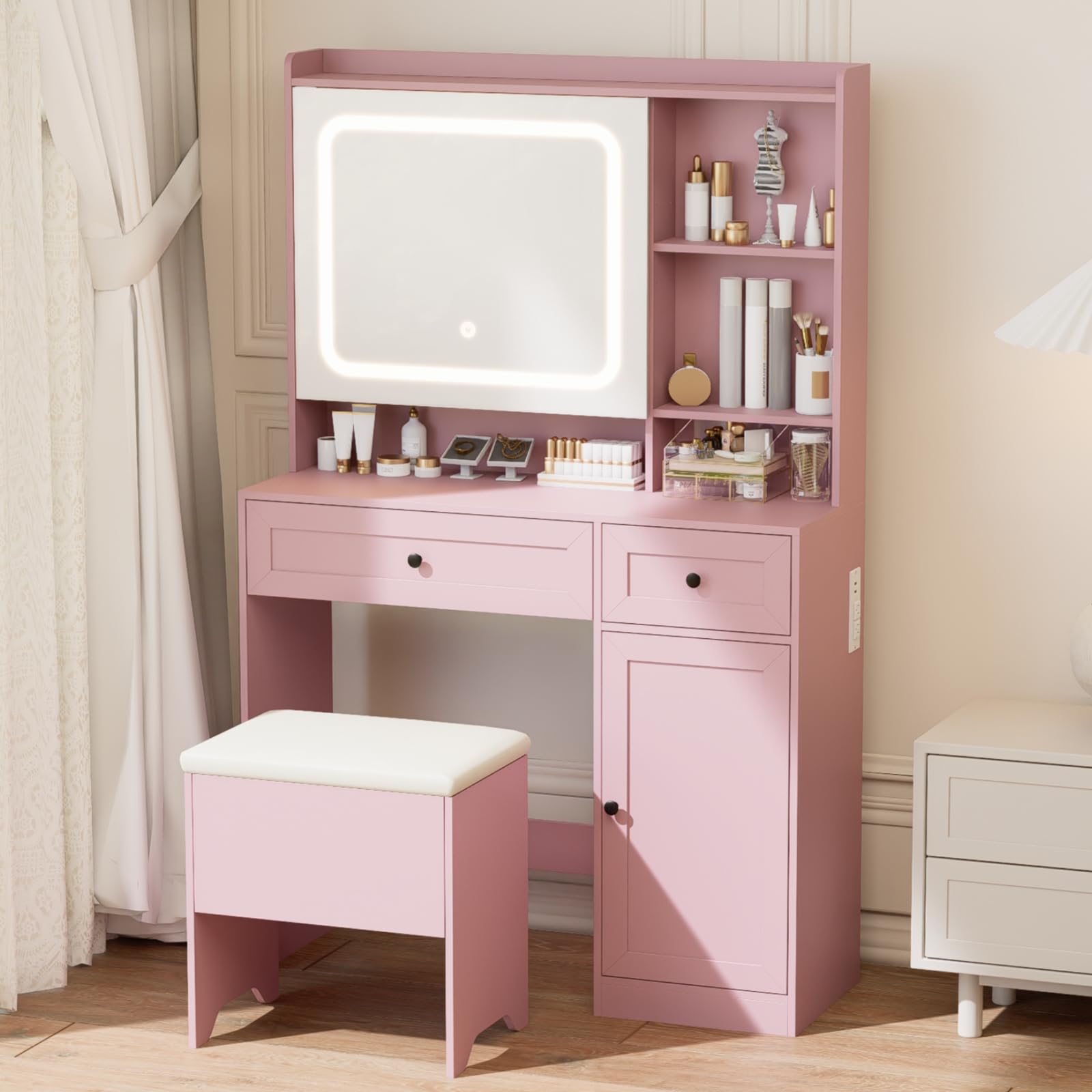 Vanity Table with Hidden Storage & LED Mirror - Includes Padded Stool, 5 Compartments, 2 Drawers & 1 Storage Cabinet - Ideal Bedroom Makeup Dressing Table White