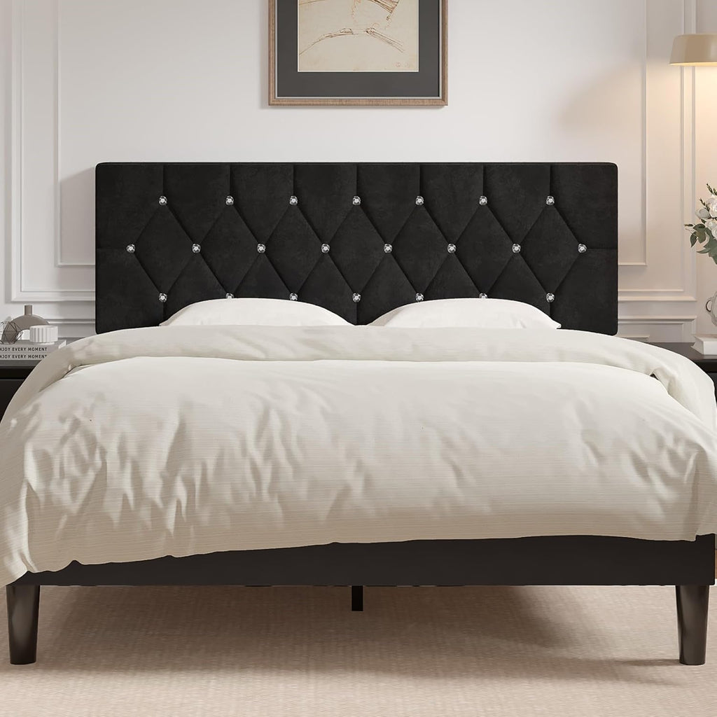 VECELO Tufted Upholstered Headboard Queen Size, with 6 Adjustable Height from 39.8" to 49.8", Button Diamond Design, Easy Assembly, Classic Black