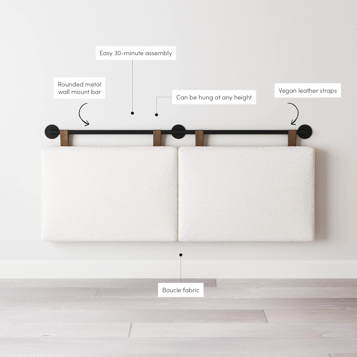 Nathan James Charlie Wall Mount Hanging Upholstered Headboard, Queen, White Boucle with Brown Faux Leather Straps