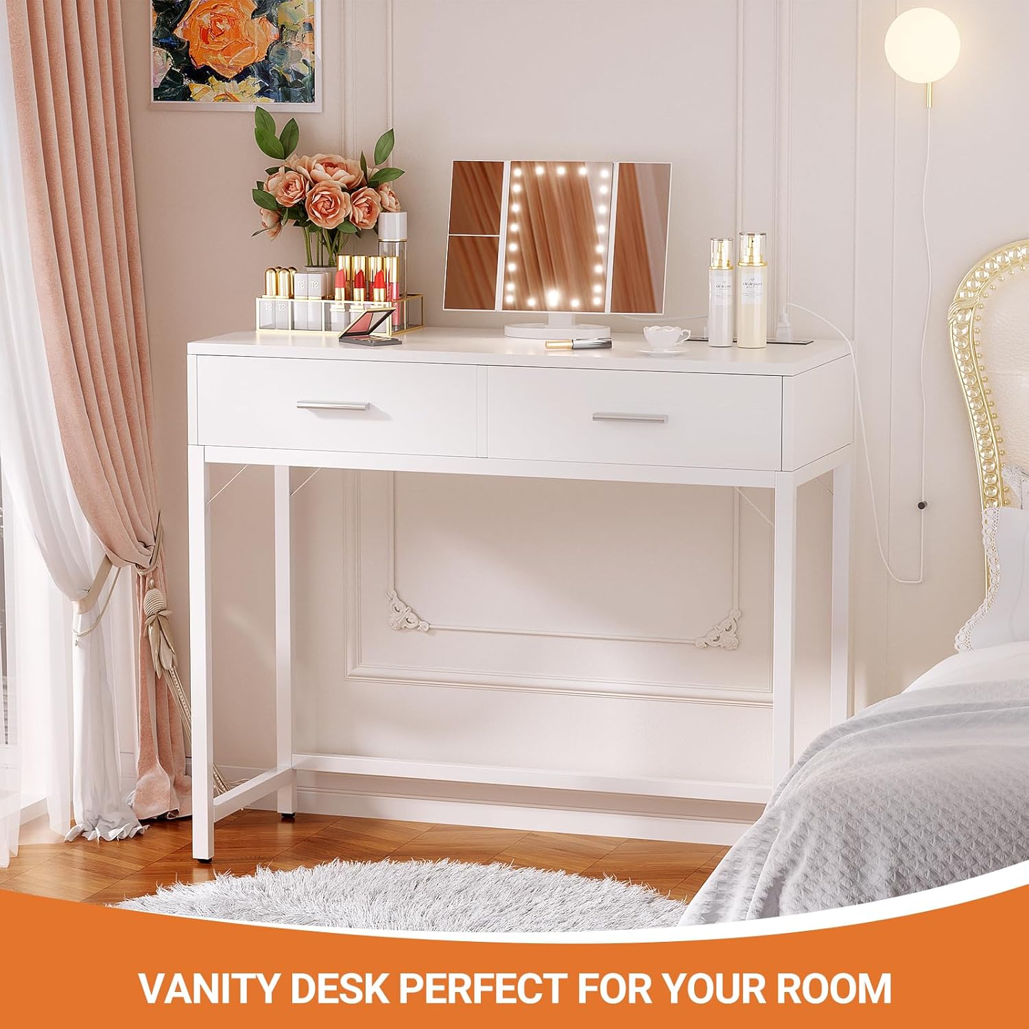 Cyclysio Vanity Desk with Mirror and Lights, 36'' Makeup Vanity Desk with Power Outlet, Small Vanities Set Dressing Table with Drawers for Bedroom, White