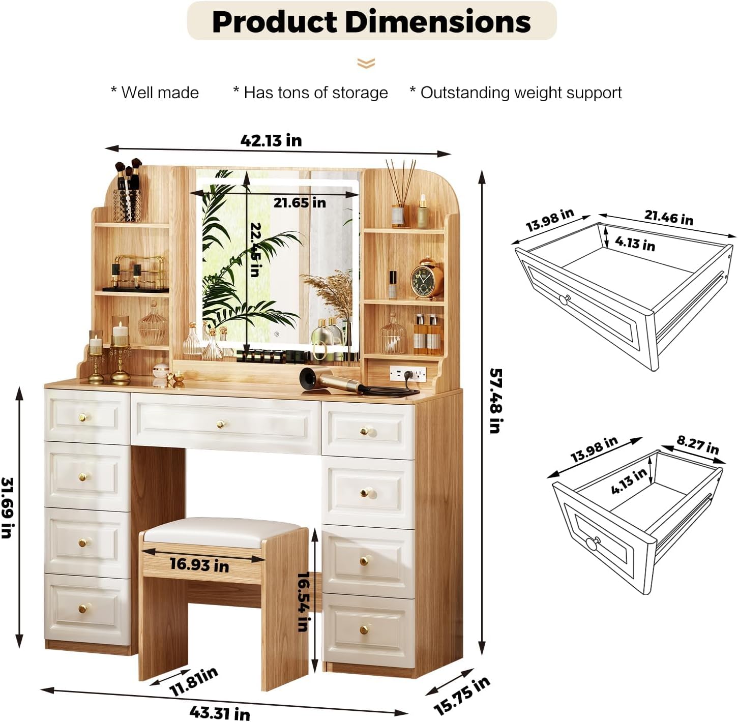 Arulvmrn 43" Makeup Vanity Desk with Mirror and Lights, & Power Outl, Glass Top Big Vanity Table with 9 Drawers& 8 Storage Shelves, Dressing Table Set with Chair for Bedroom, Oak