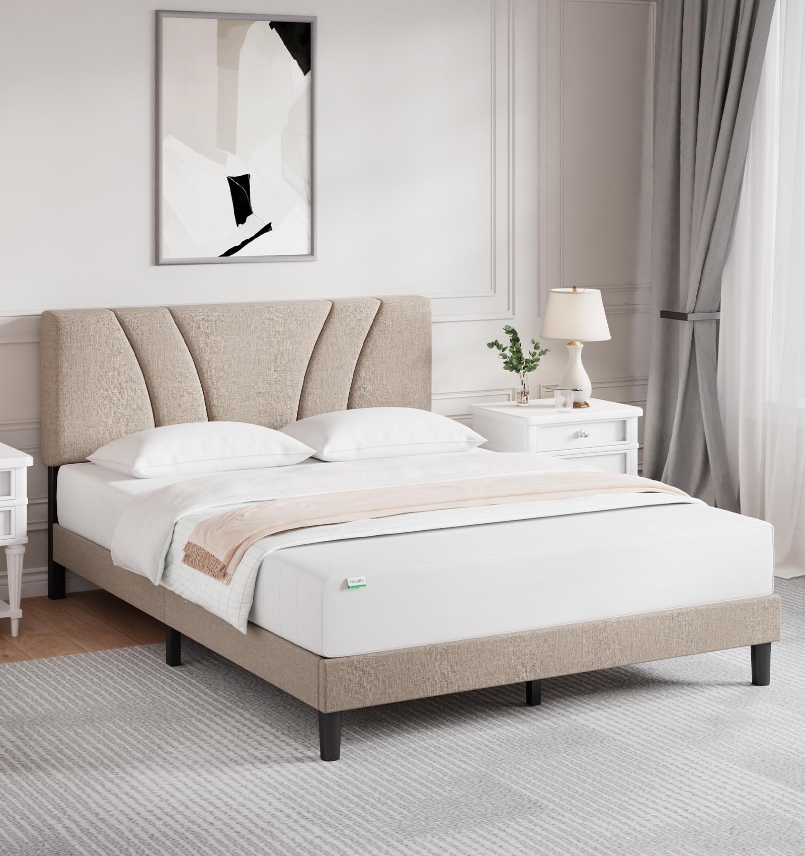 Novilla Queen Bed Frame with Headboard, Bed Frame Queen Size with Wood Slats Support,Linen Upholstered Adjustable Headboard, No Box Spring Needed, Heavy Duty Feet, Easy Assembly, Beige