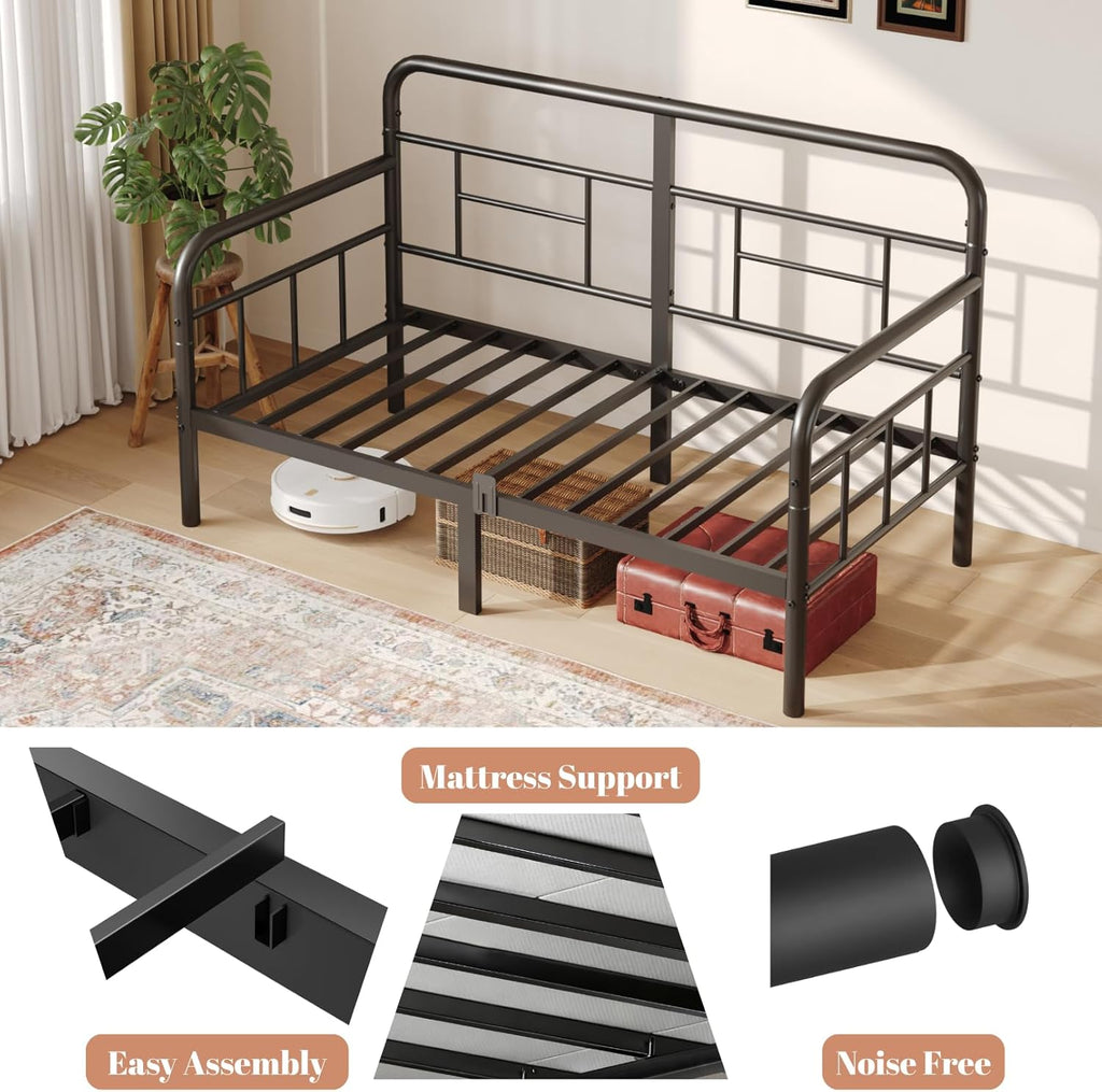 Yumenonaka Twin Daybed,Metal Sofa Day Bed Frame,Steel Slats Support for Bedroom Guest Room,Easy Assembly,Sturdy,Anti-Slip,Storage Space Bed Furniture,with Modern Headboard,Black