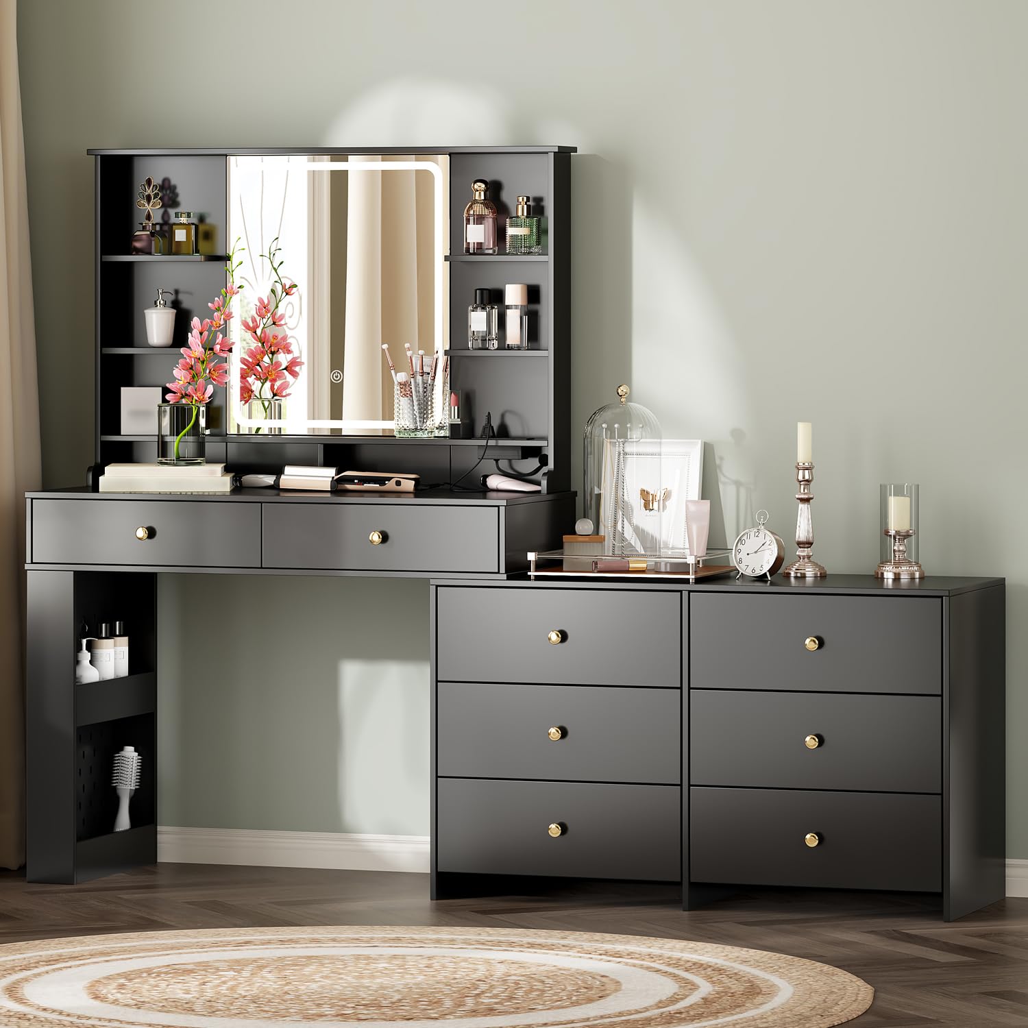 Ieejdn Makeup Vanity Desk with Mirror and Lights, Vanity Desk with 8 Drawers & Storage Shelves, Vanity Table with Power Outlet, 3 Color Modes & Adjustable Brightness Dressing Table, Bedroom,Oak2