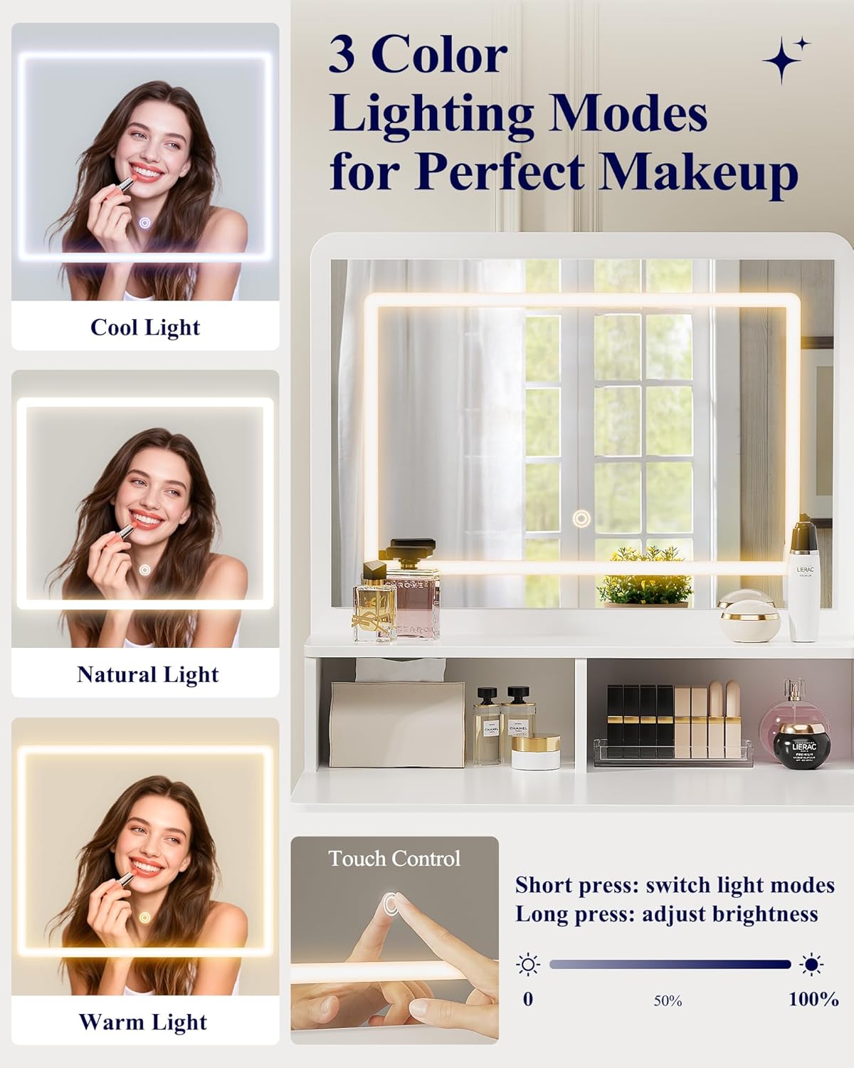 Kitsure Vanity Desk with Mirror and Lights - Large Capacity Makeup Vanity with 4 Fabric Storage Drawers & 3 Lighting Modes, Vanity Table Set with Sturdy Metal Frame for Bedroom, White, 35" x 17" x 52"