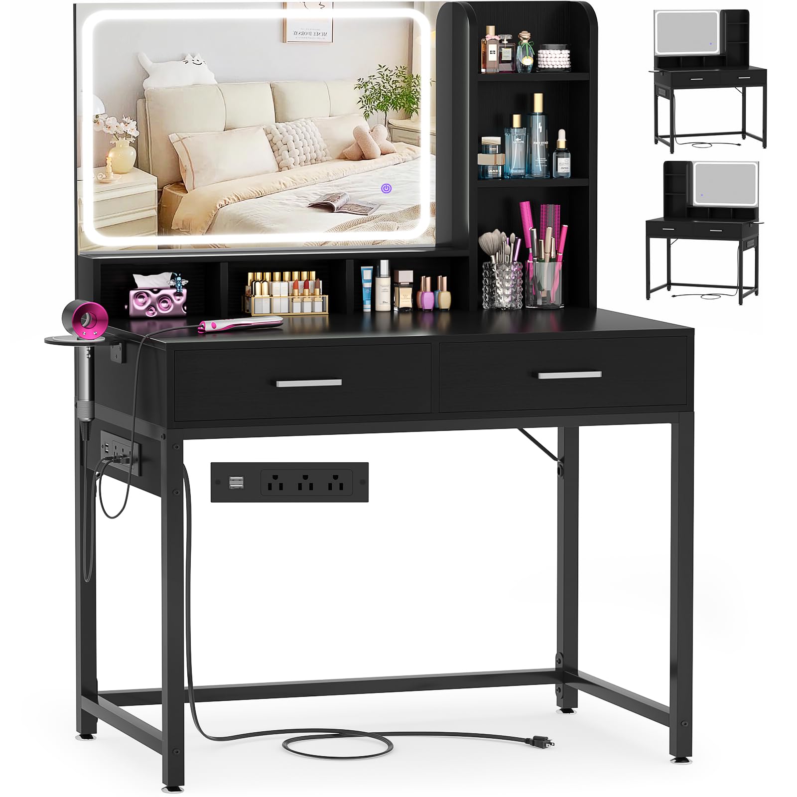 Cyclysio Vanity Desk with Mirror and Lights, 36'' Makeup Vanity Desk with Power Outlet, Small Vanities Set Dressing Table with Drawers for Bedroom, White