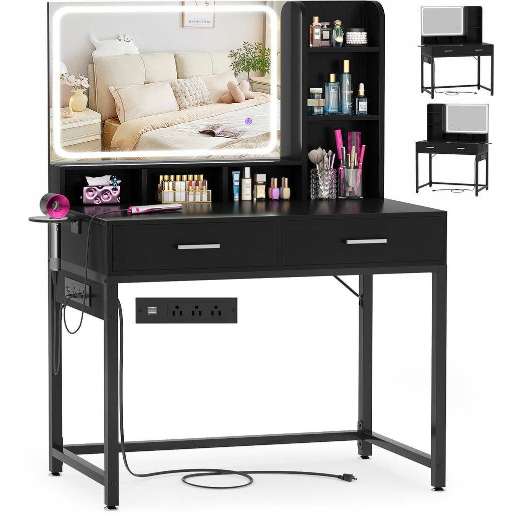 Small Vanity Desk, Vanity Desk with Mirror and Lights, Makeup Vanity Desks with Power Strip, Vanity Table with Drawers and Shelves, Adjustable Lighting, Dressing Table for Bedroom Dressing Room, White