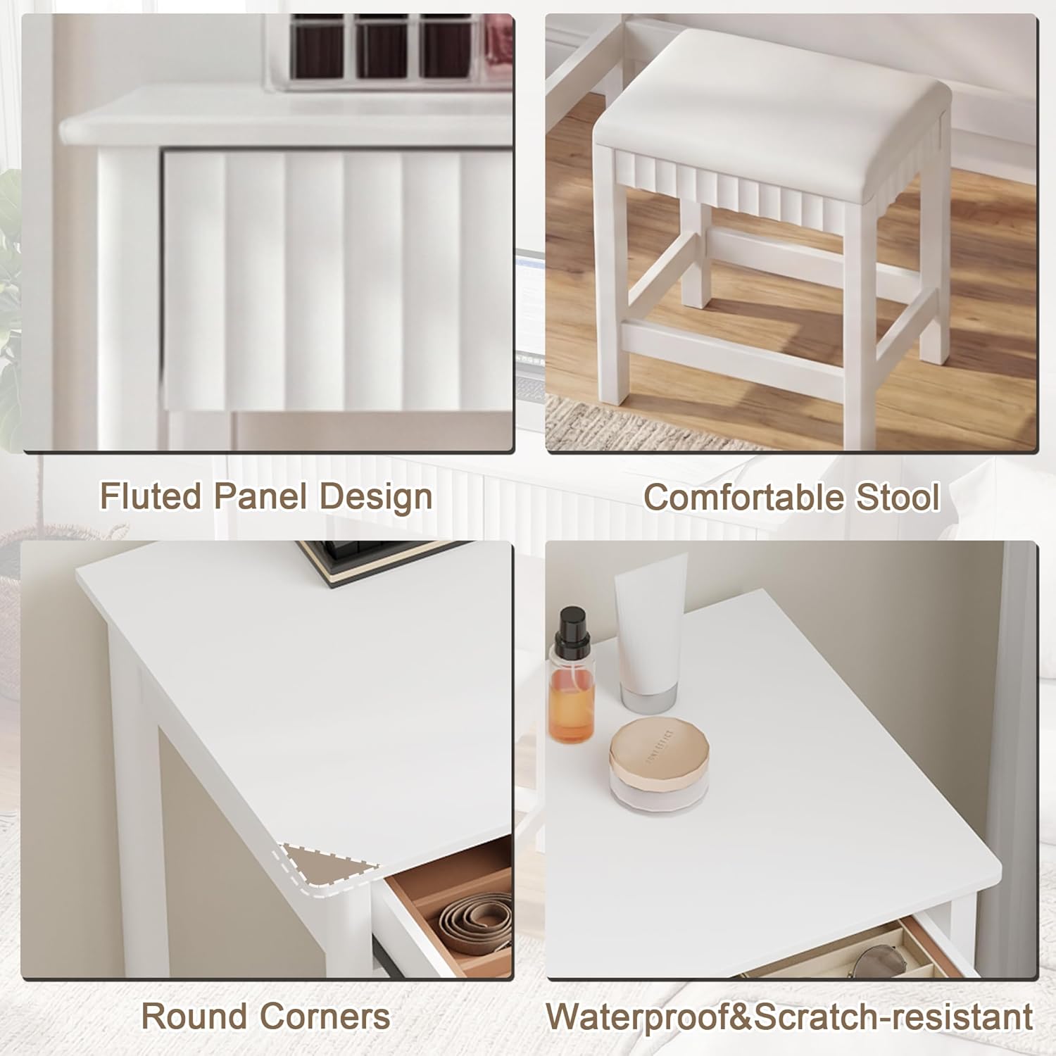ChooChoo 40 Inch Modern Desk with Drawers, Makeup Vanity Desk with Padded Stool, Small Home Office Desk for Bedroom, White