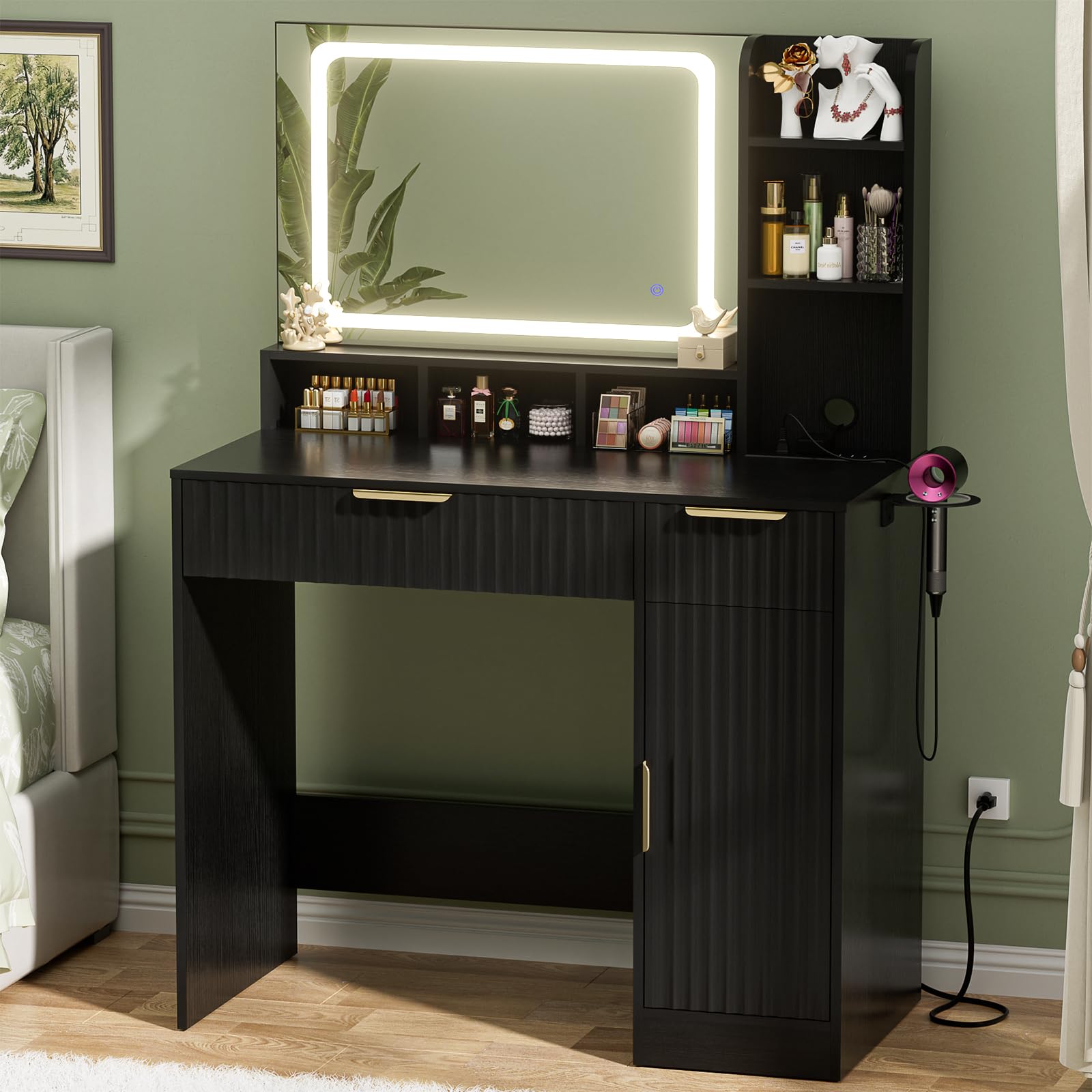 Cyclysio Vanity Desk with Mirror and Lights, 36'' Makeup Vanity Desk with Power Outlet, Small Vanities Set Dressing Table with Drawers for Bedroom, White