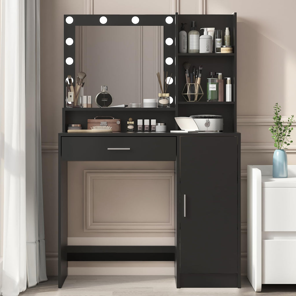 Palimder Vanity Desk with Mirror and Light, Large Drawer and Three Level Storage Dresser, 3 Lighting Modes Adjustable Brightness, Bedroom Dressing Table (White)