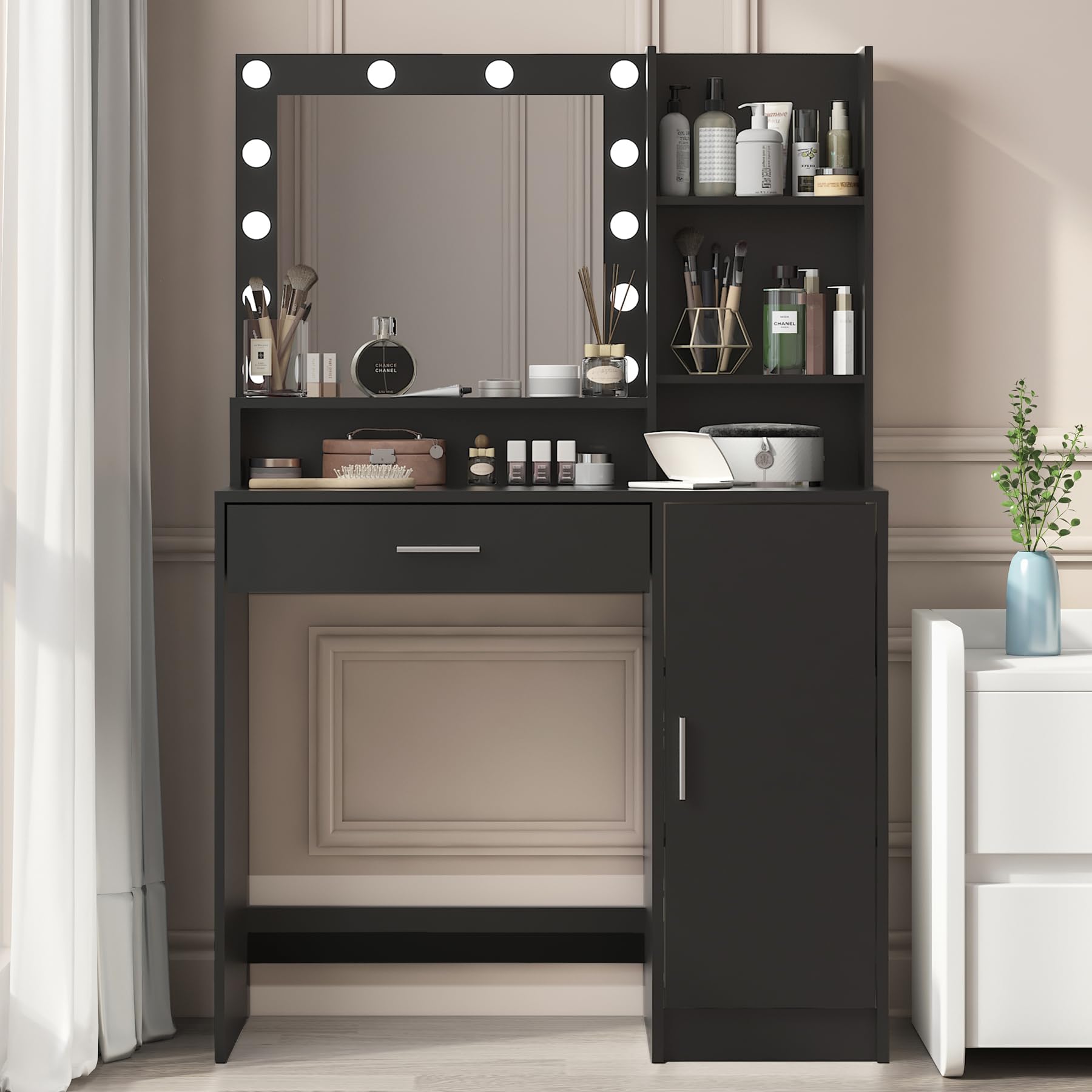 Palimder Vanity Desk with Mirror and Light, Large Drawer and Three Level Storage Dresser, 3 Lighting Modes Adjustable Brightness, Bedroom Dressing Table (White)