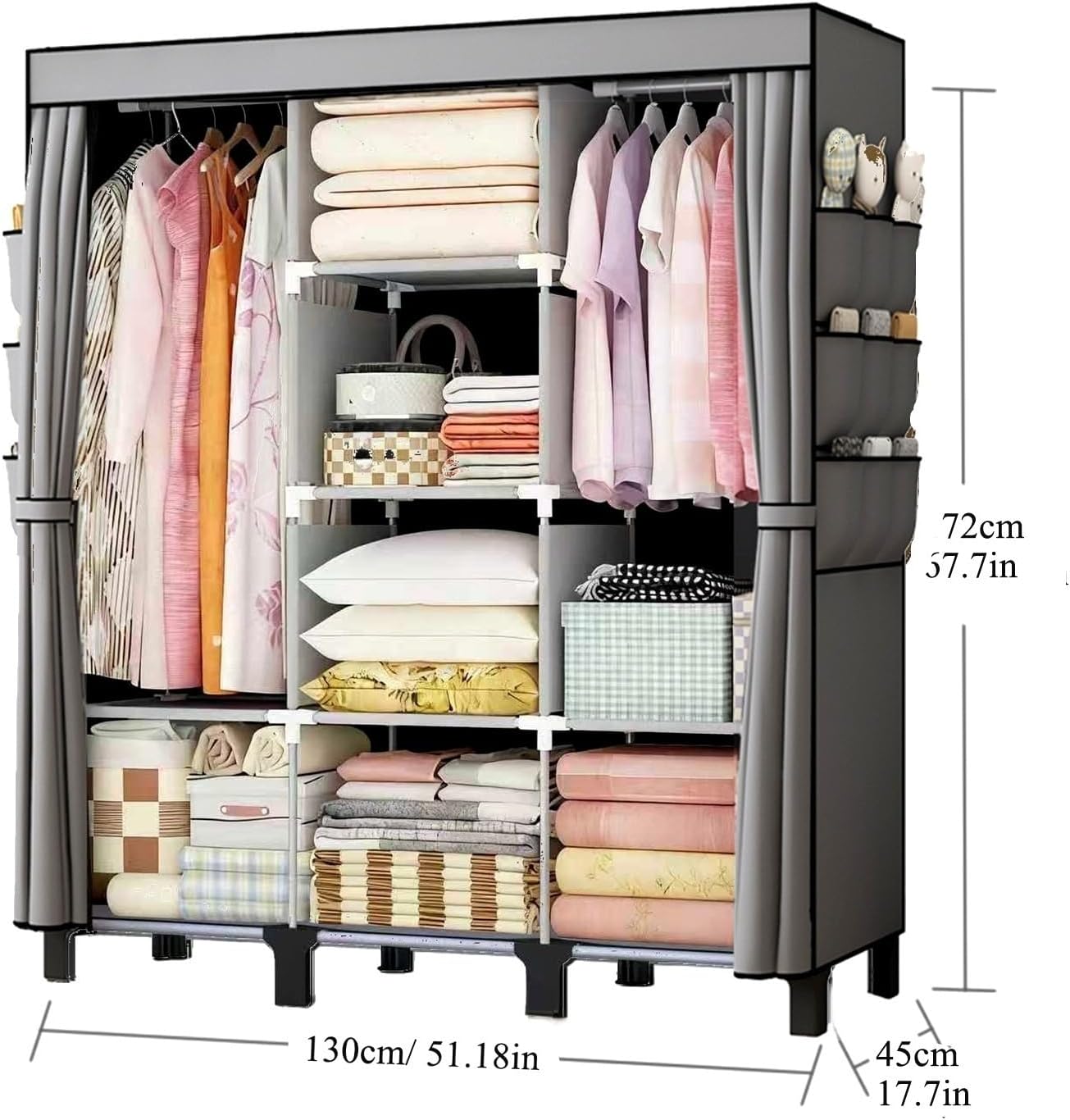 Portable Wardrobe, Easy Hanging Closet 6 Side Pockets Large Capacity Clothes Organizer Comes with 2 Hanging Poles and Shelves, Width 130cm, Depth 45cm, Height 172cm (Grey)