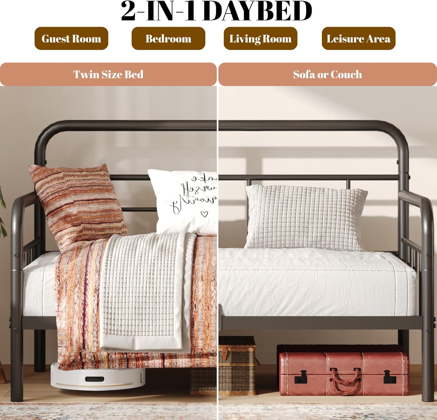 Yumenonaka Twin Daybed,Metal Sofa Day Bed Frame,Steel Slats Support for Bedroom Guest Room,Easy Assembly,Sturdy,Anti-Slip,Storage Space Bed Furniture,with Modern Headboard,Black