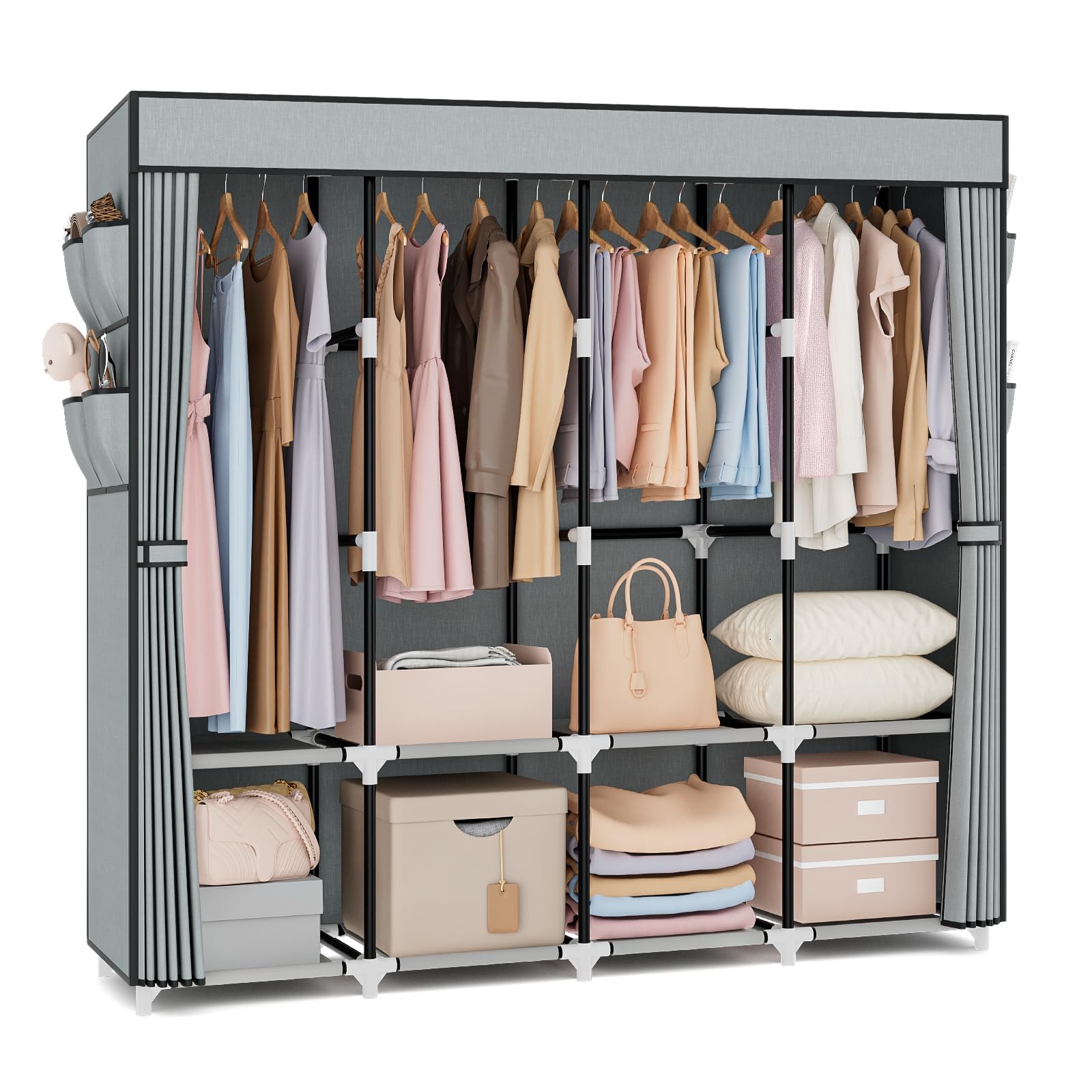 VTRIN Portable Closet for Hanging Clothes 67 Inch Wide Large Capacity Portable Wardrobe Closet with Cover, 4 Storage Shelves and 4 Hanging Rod Sturdy Free Standing Closet for Bedroom, Black