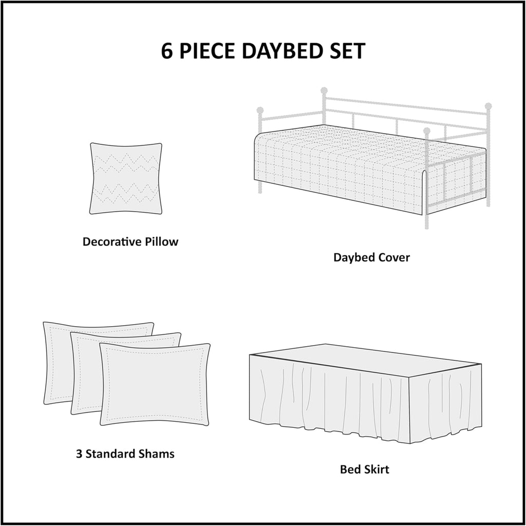 Madison Park 100% Cotton Daybed Cover Set - Trendy Design, All Season Luxury Bedding with Bedskirt, Matching Shams, Decorative Pillow, Diamond Quilted, Khaki 75"x39" 6 Piece