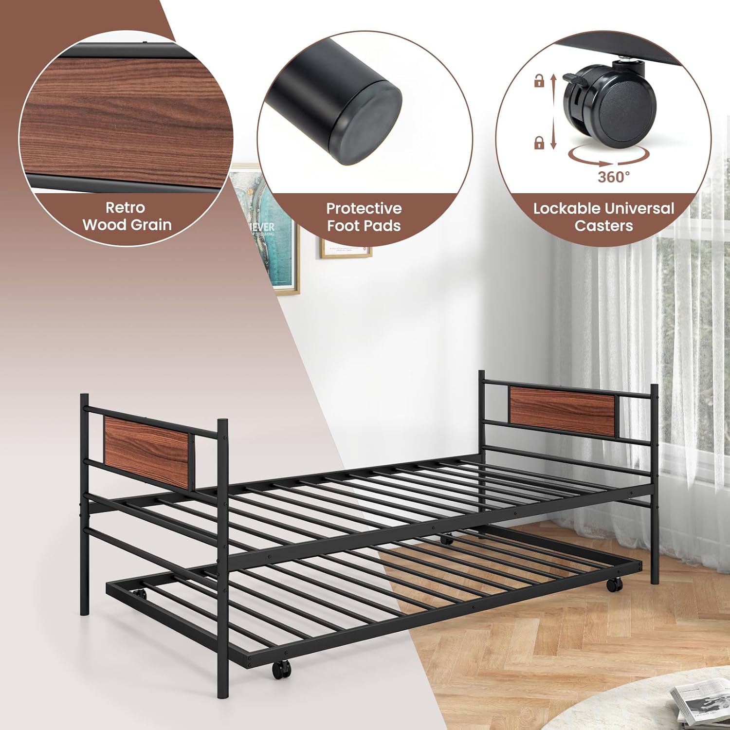 KOMFOTT Twin Metal Daybed with Trundle, Twin Size Sofa Daybed Frame, Heavy-Duty Steel Slats Support Platform Bed, Mattress Foundation, Day Bed with Trundle for Living Room, Guest Room